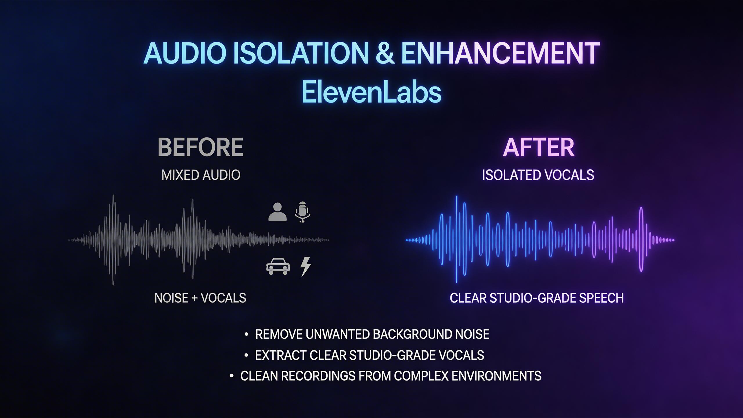 Audio Isolation & Enhancement. Separate vocals from background noise with studio-grade precision. ElevenLabs audio isolation cleans up recordings, removes unwanted noise, and...