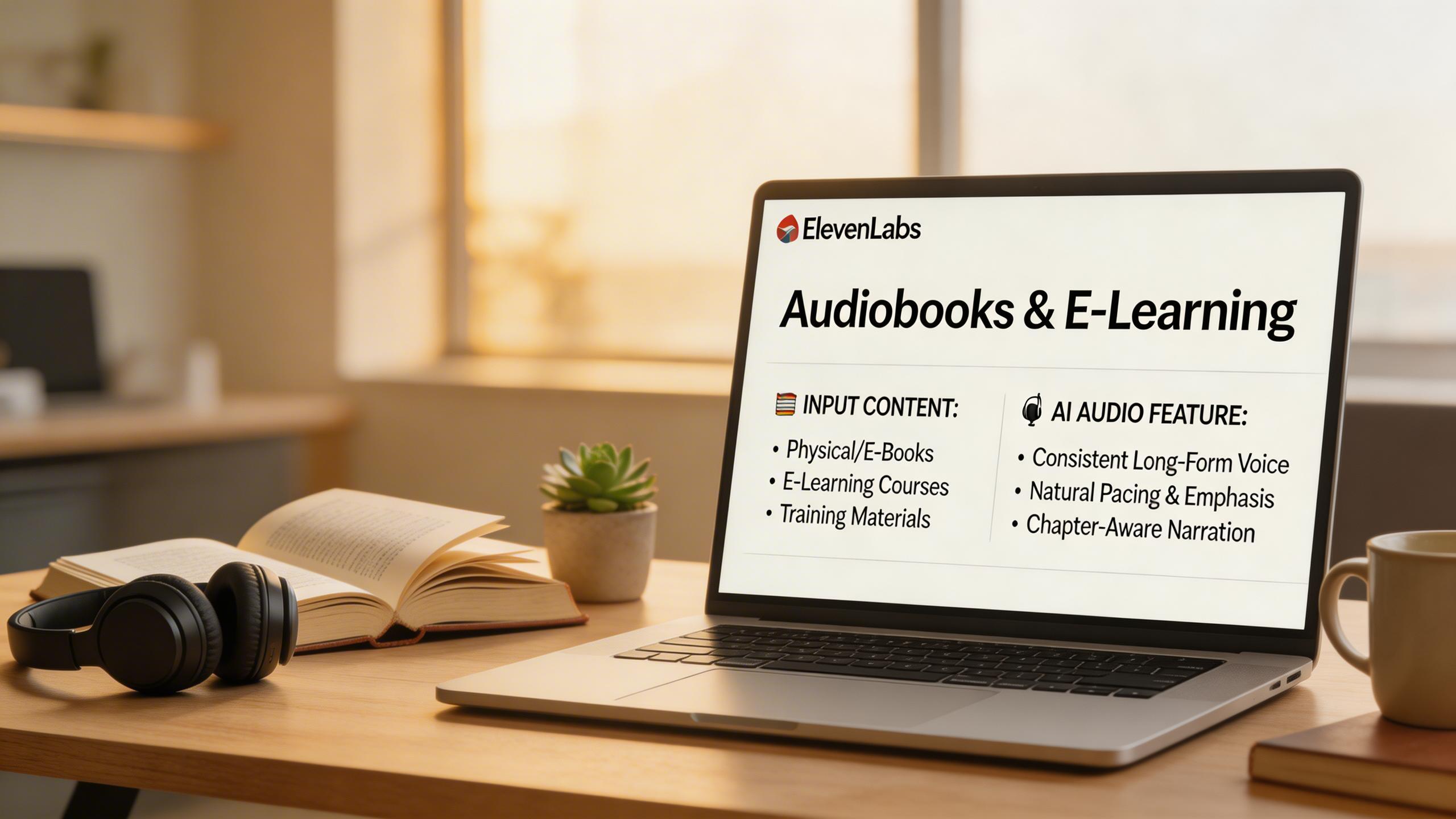 Audiobooks & E-Learning. Convert books, courses, and training materials into engaging audio content. ElevenLabs maintains consistent voice quality across long-form content...
