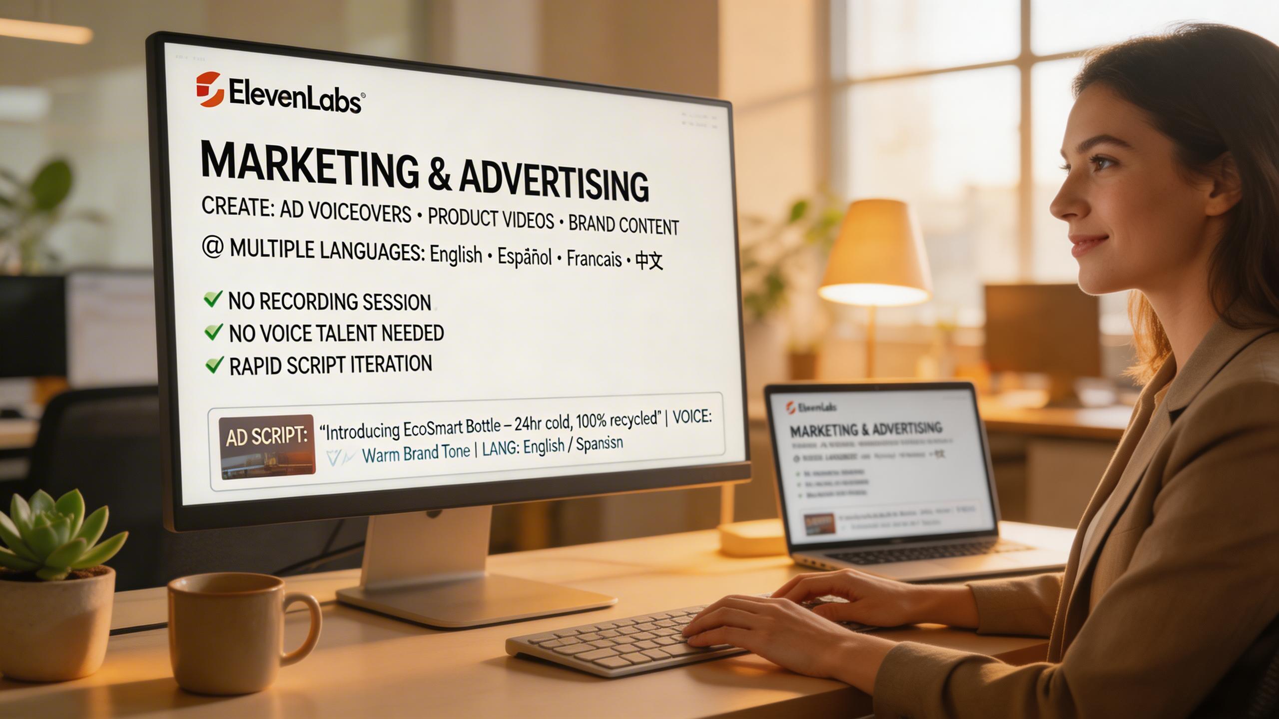 Marketing & Advertising. Create compelling voiceovers for ads, product videos, and brand content in multiple languages. ElevenLabs enables rapid iteration on scripts without...