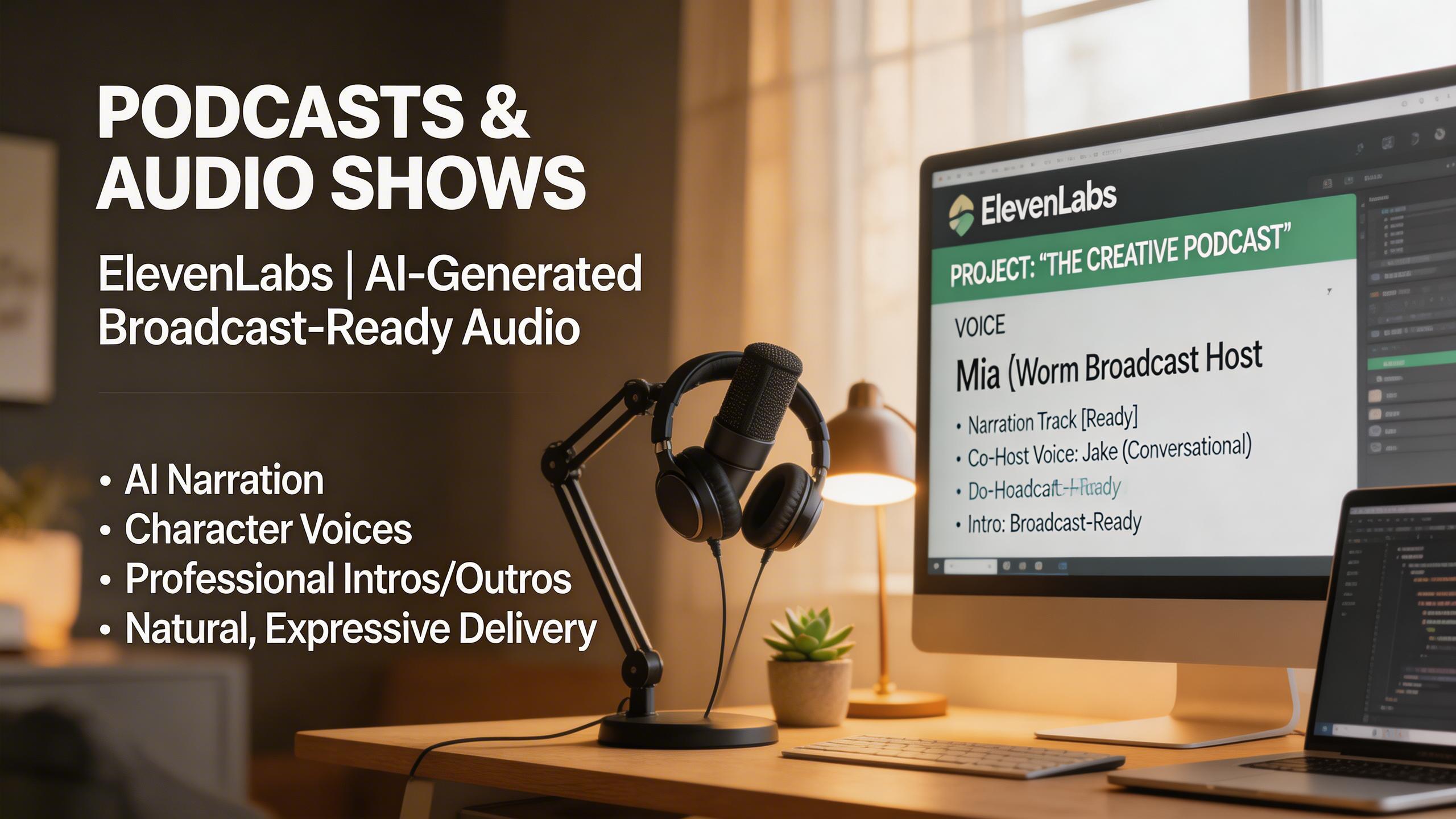 Podcasts & Audio Shows. Produce professional-quality podcast episodes with AI-generated narration, character voices, and intros. ElevenLabs delivers broadcast-ready audio with...