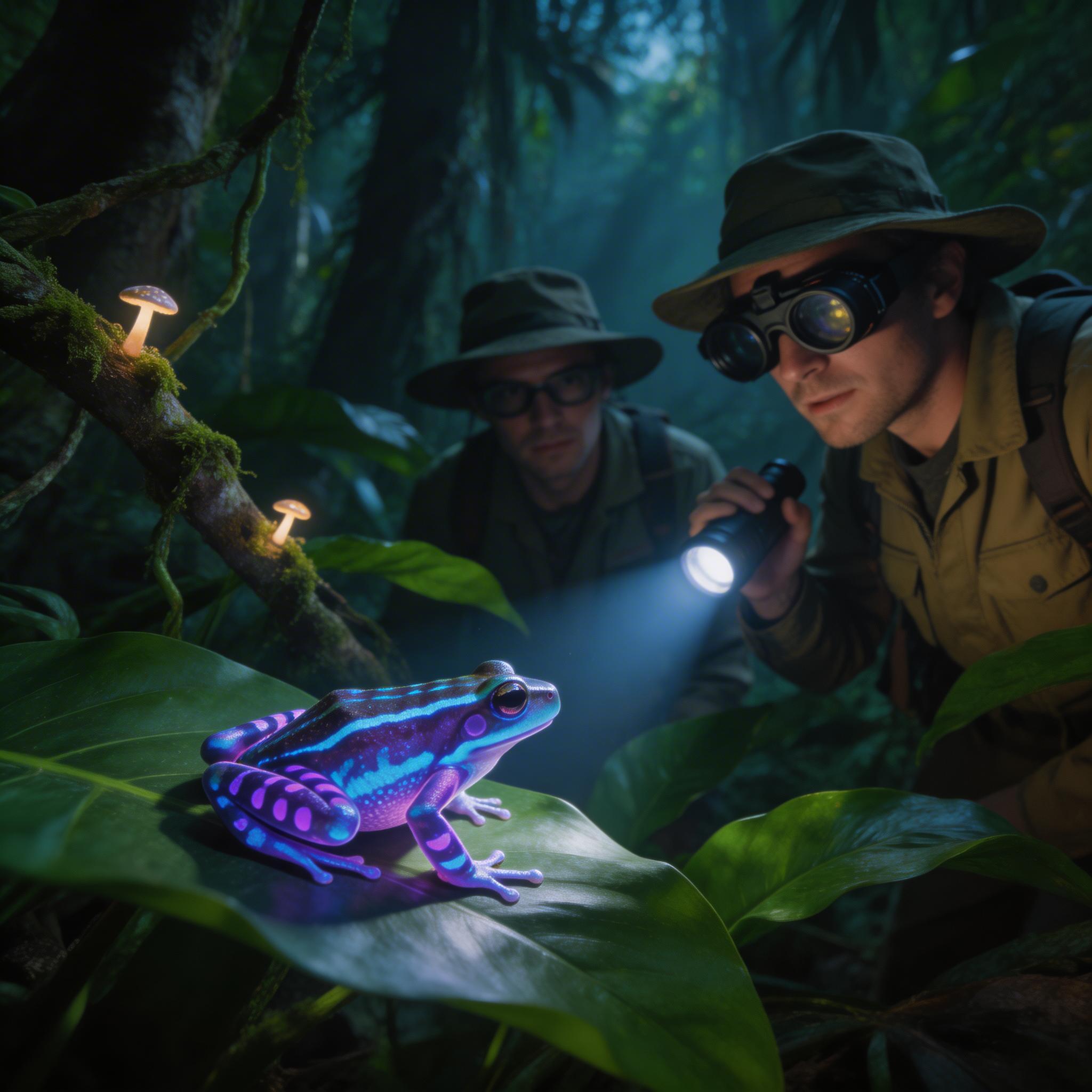 Documentary Narrator. Deep in the Amazon rainforest, a species of frog was discovered that communicates through ultraviolet light patterns. Scientists believe this evolved as...