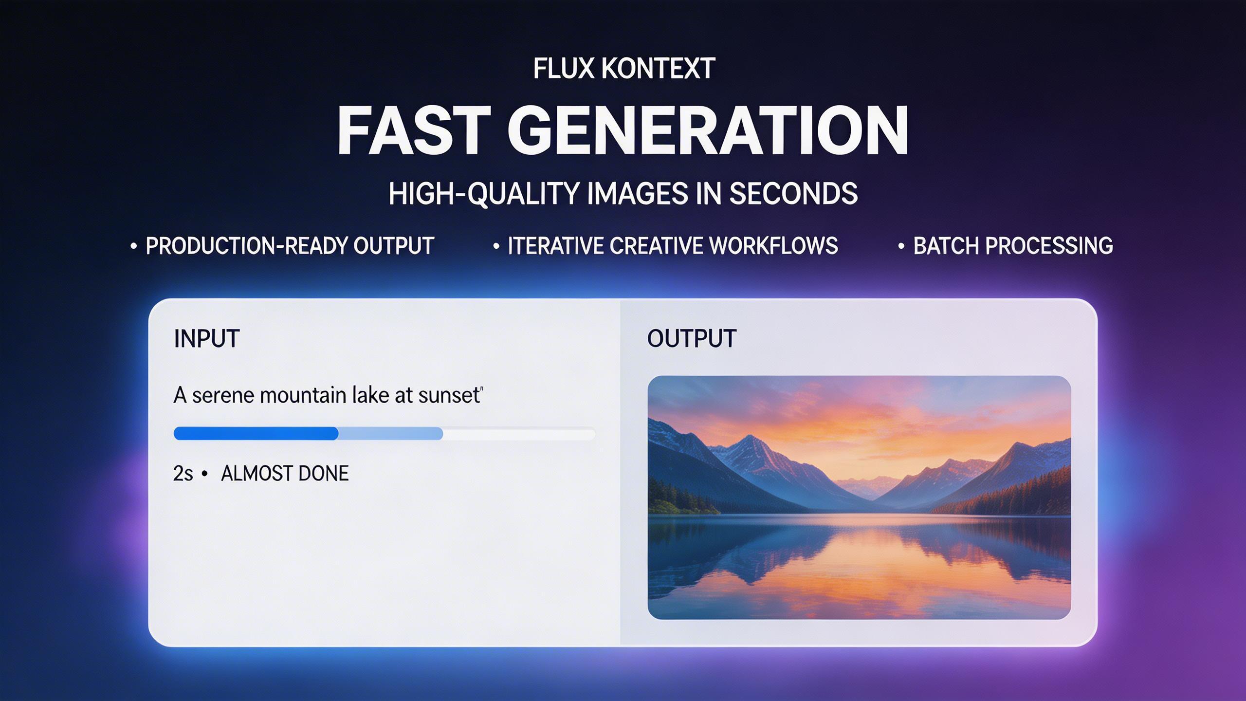 Fast Generation. Generate high-quality images in seconds. Flux Kontext delivers production-ready output at competitive speeds, making it practical for iterative creative...
