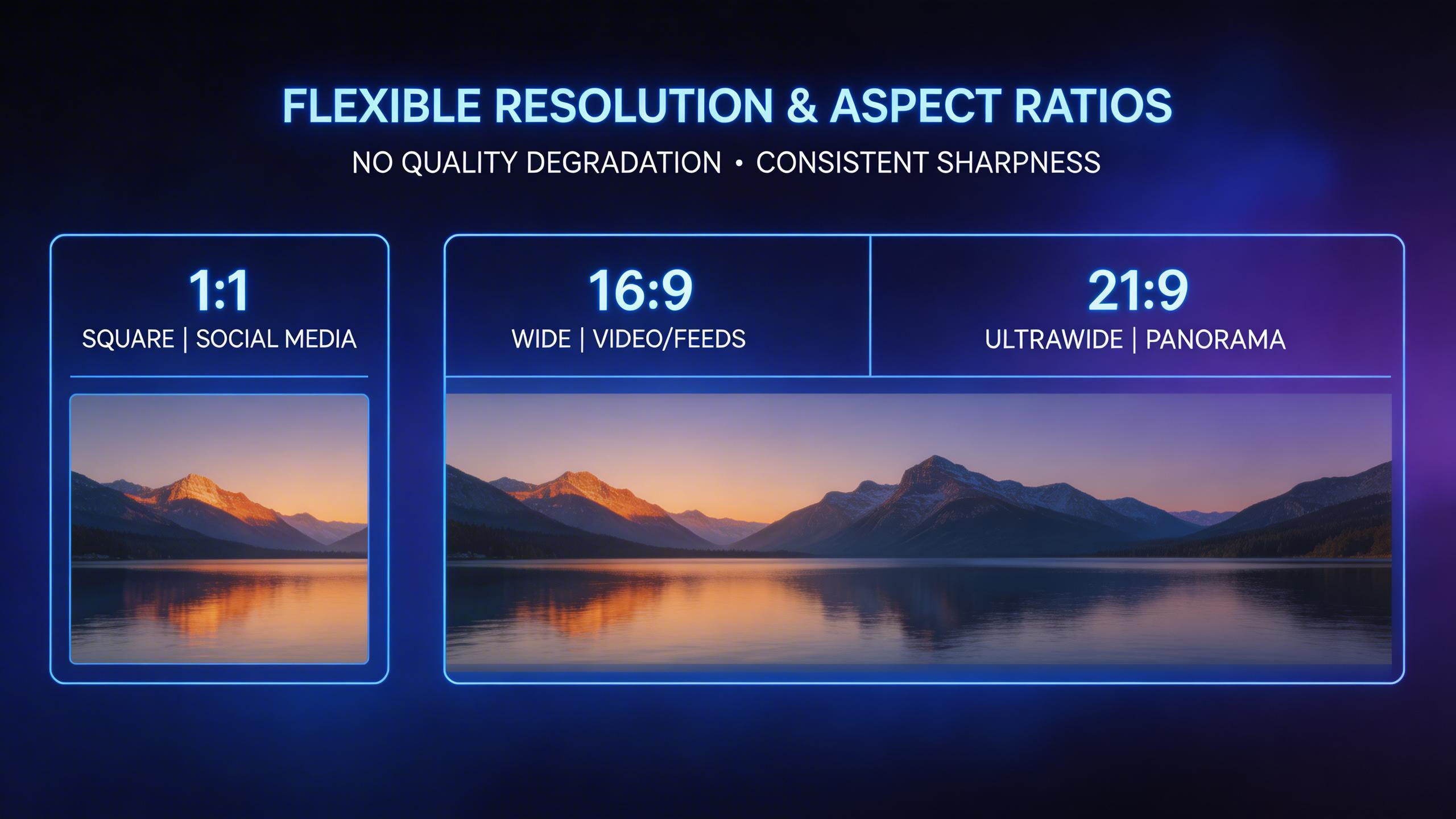 Flexible Resolution & Aspect Ratios. Generate images across a wide range of resolutions and aspect ratios — from square social media posts to ultrawide panoramic compositions,...