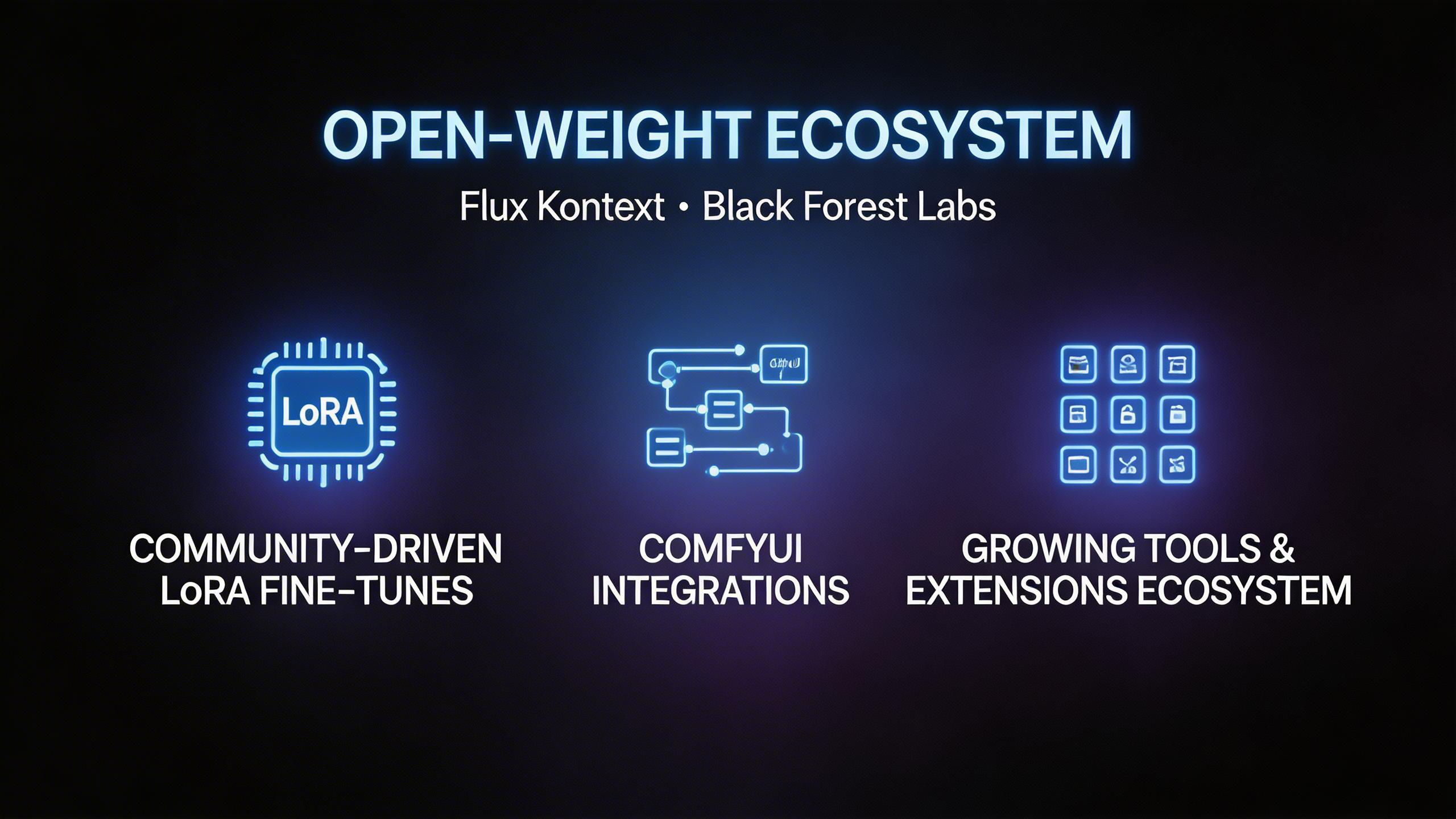 Open-Weight Ecosystem. Built on Black Forest Labs' open-weight architecture, Flux Kontext benefits from community-driven LoRA fine-tunes, ComfyUI integrations, and a rapidly...