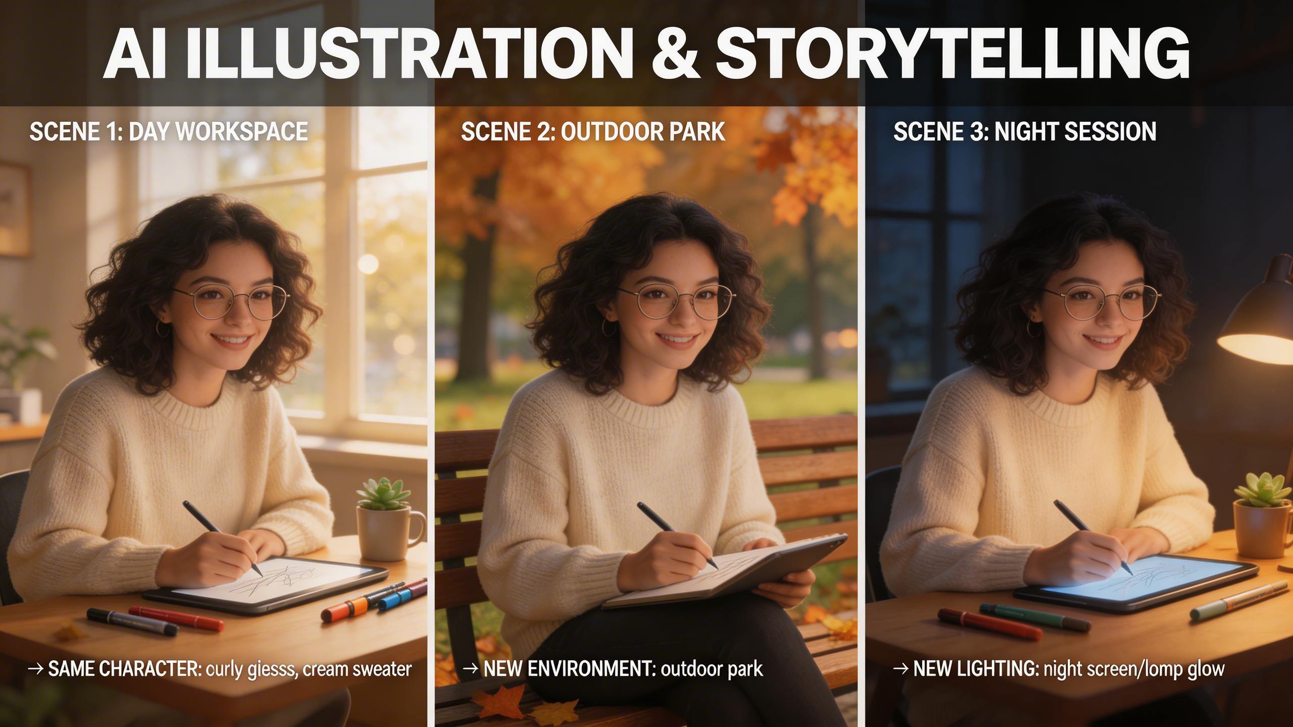 Illustration & Storytelling. Build illustrated narratives with consistent characters across scenes. The model preserves character identity while changing poses, expressions,...