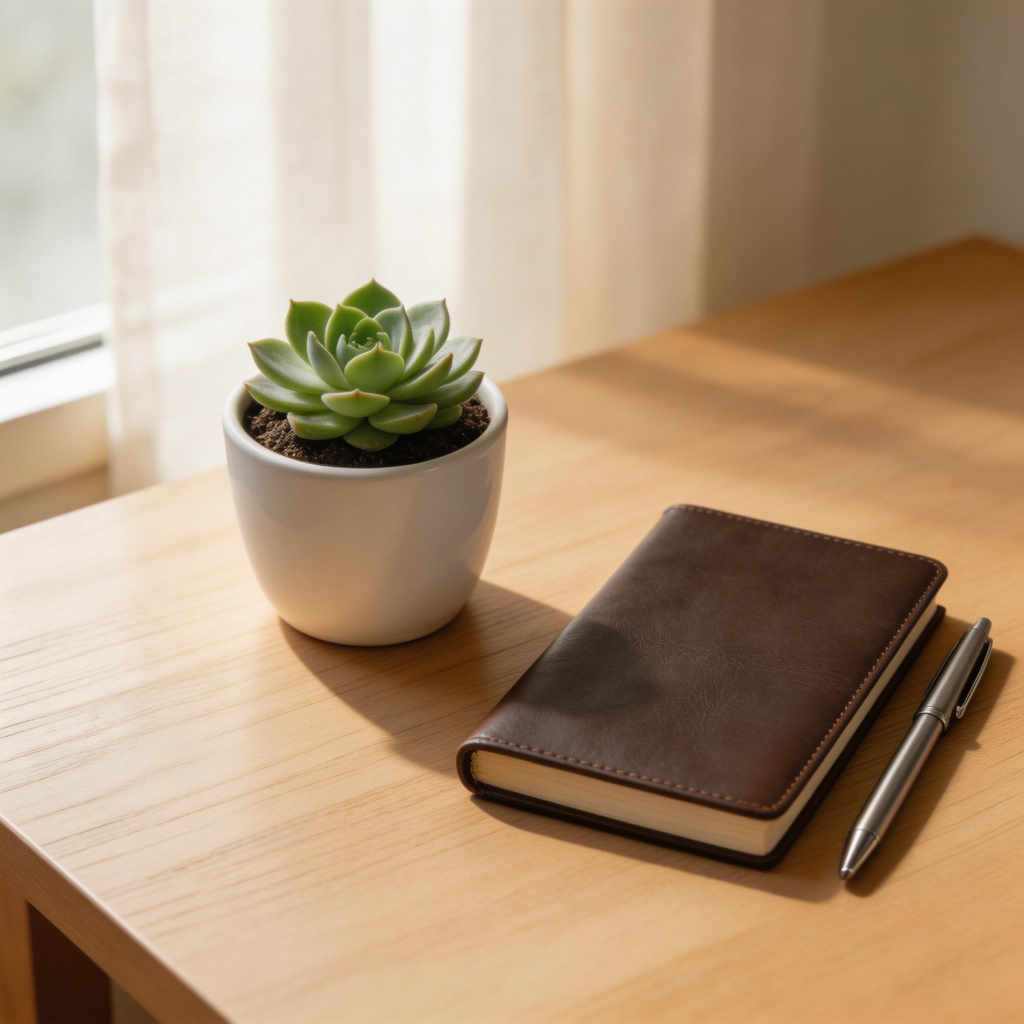 Object Replacement. Replace the coffee cup on the desk with a potted succulent plant, keep the same lighting and desk arrangement, natural soft window light. Editing Tips