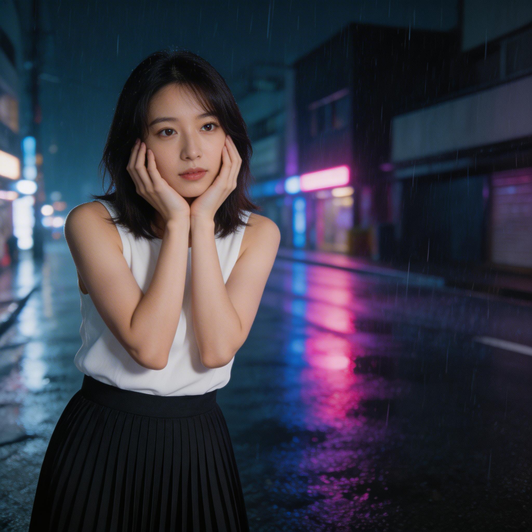 Background Swap. Change the background to a rainy Tokyo street at night, neon reflections on wet pavement, keep the subject in the foreground exactly the same, cinematic...