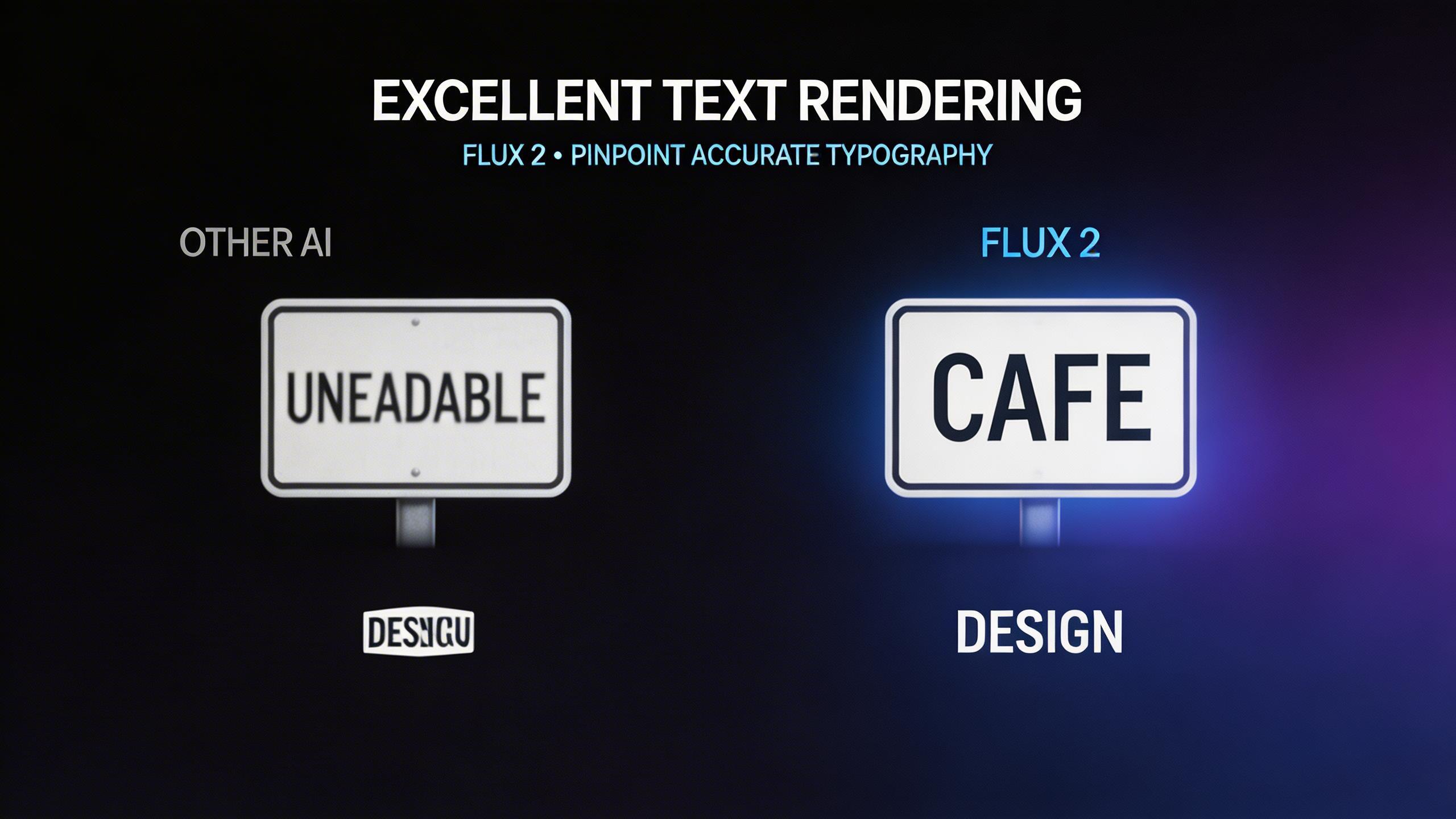 Excellent Text Rendering. Unlike most image generators, Flux 2 handles text in images with remarkable accuracy. Render logos, signage, posters, and typography-heavy designs...