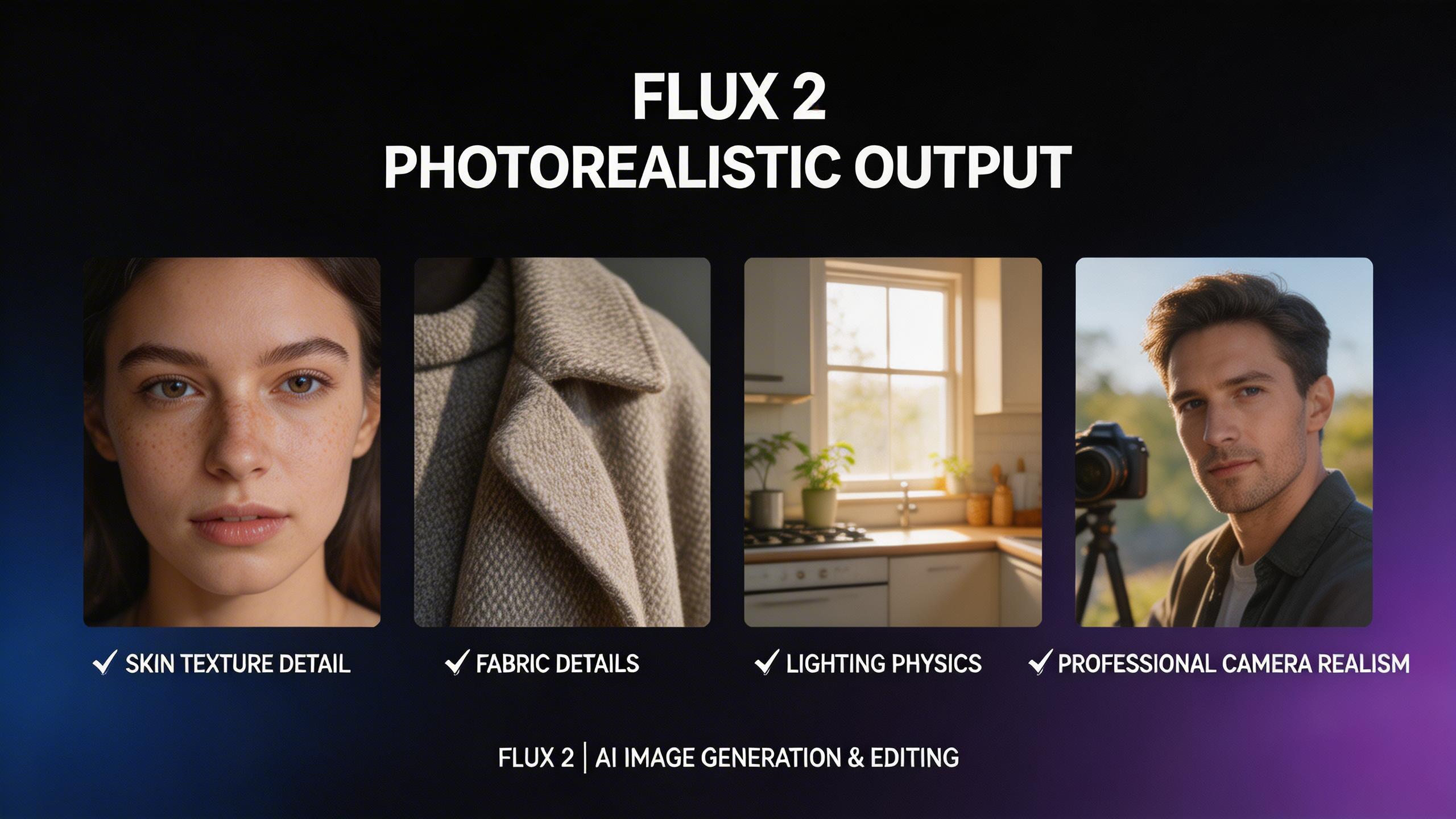 Photorealistic Output. Generate images indistinguishable from photographs. Flux 2 excels at skin textures, fabric detail, lighting physics, and environmental realism that...