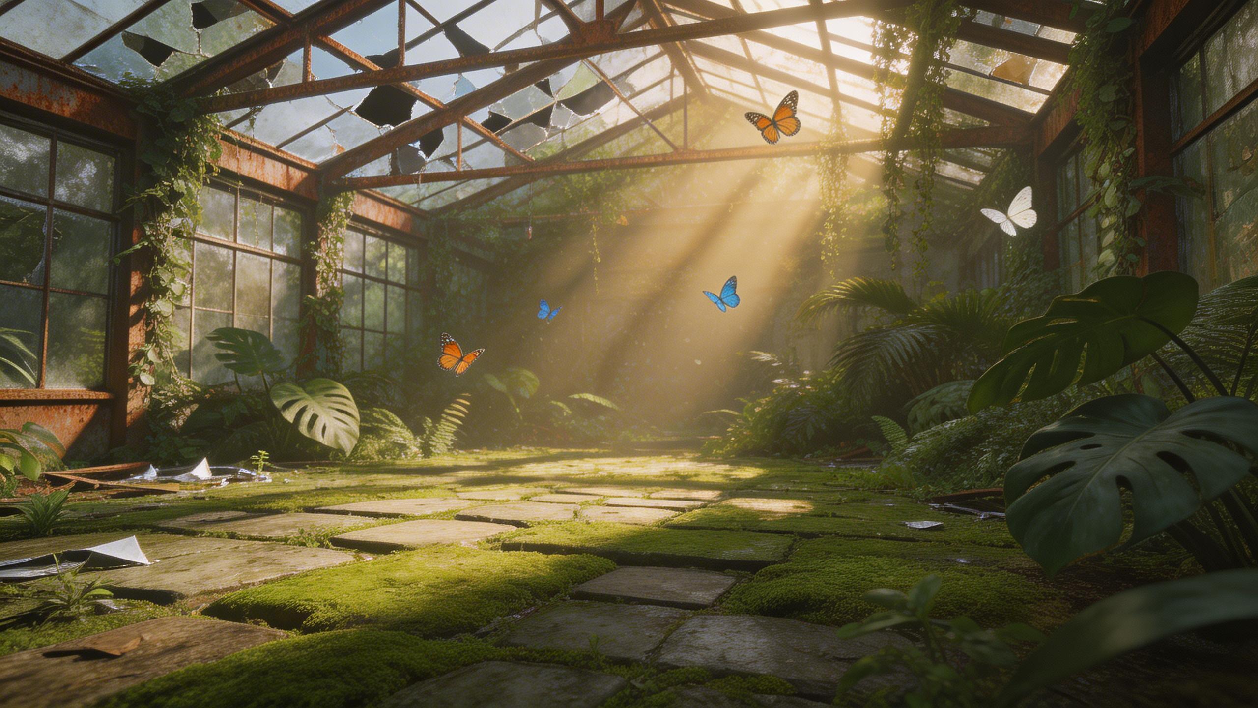 Good: Detailed Environment. An abandoned greenhouse overtaken by tropical plants, shattered glass roof with sunbeams streaming through, moss-covered stone floor, butterflies...