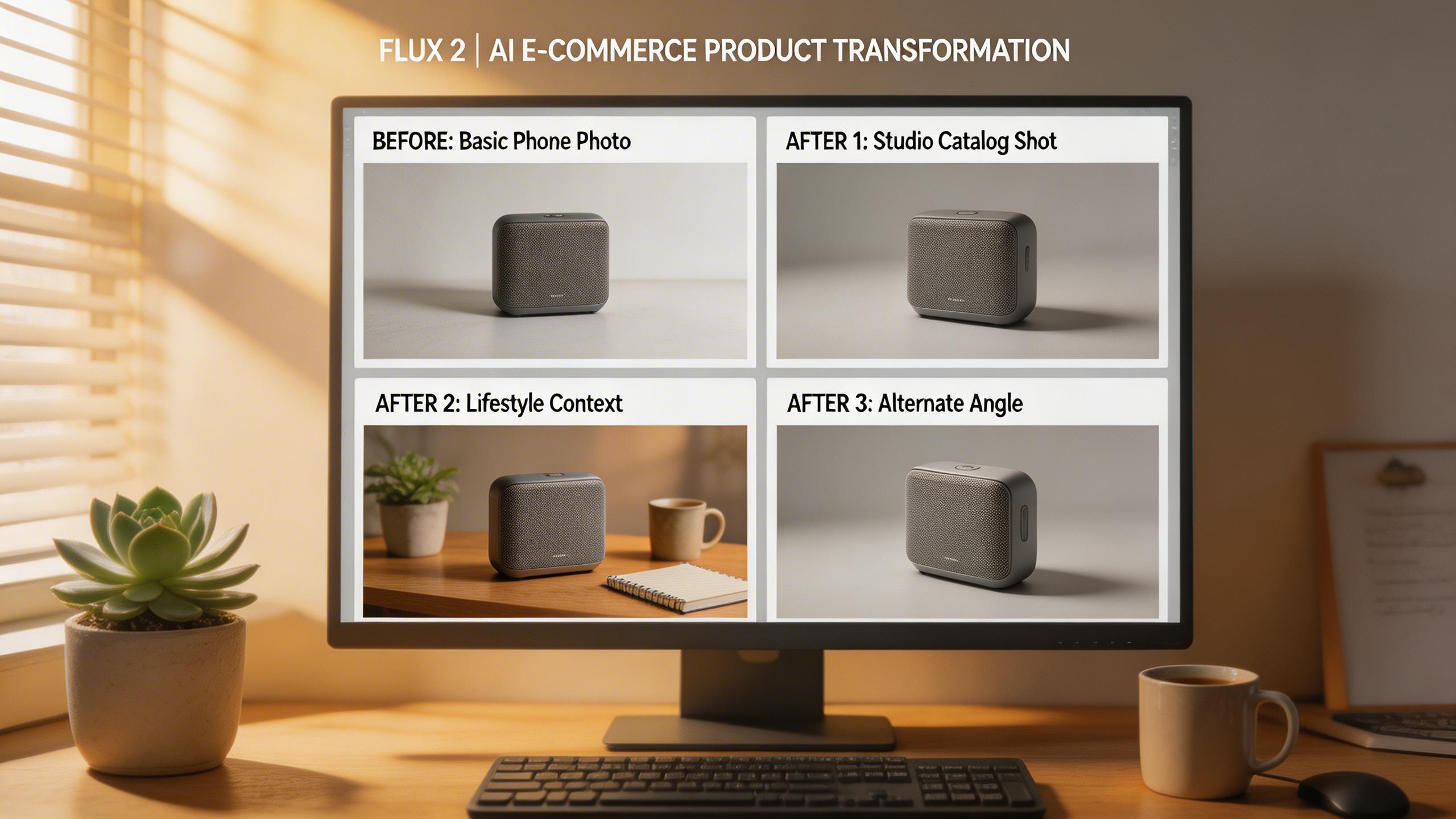 E-Commerce Product Images. Transform basic product photos into professional catalog shots with Flux 2 image-to-image. Generate lifestyle contexts, studio-quality backgrounds,...