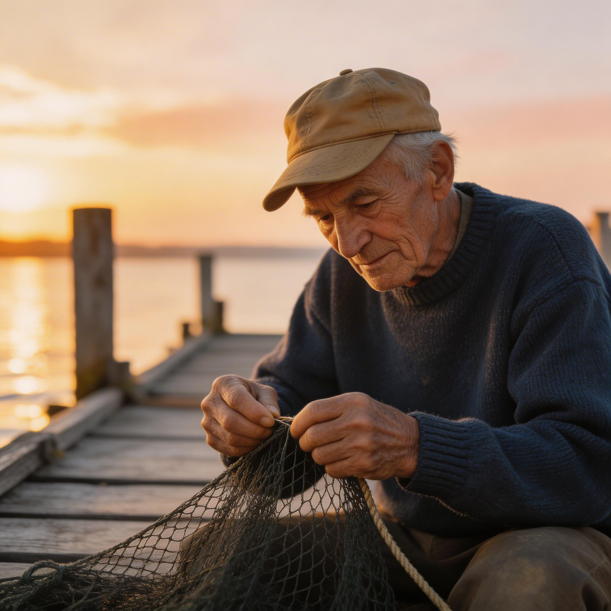 Good: Specific Subject + Style. A weathered fisherman mending nets on a wooden dock at dawn, golden hour side lighting, 50mm lens, documentary photography style, rich warm...
