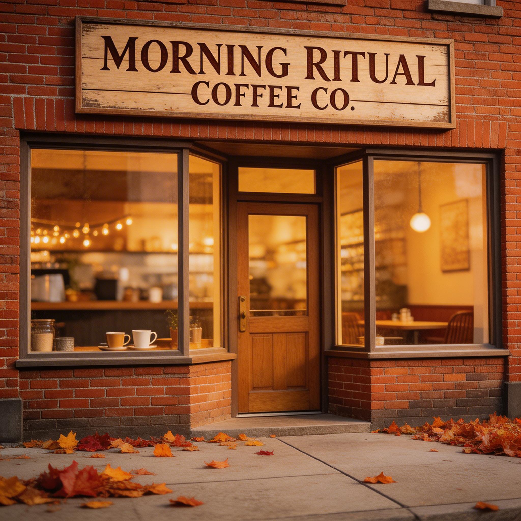 Good: Text in Image. Vintage coffee shop storefront with a hand-painted wooden sign reading "MORNING RITUAL COFFEE CO." in serif lettering, brick facade, warm window glow,...