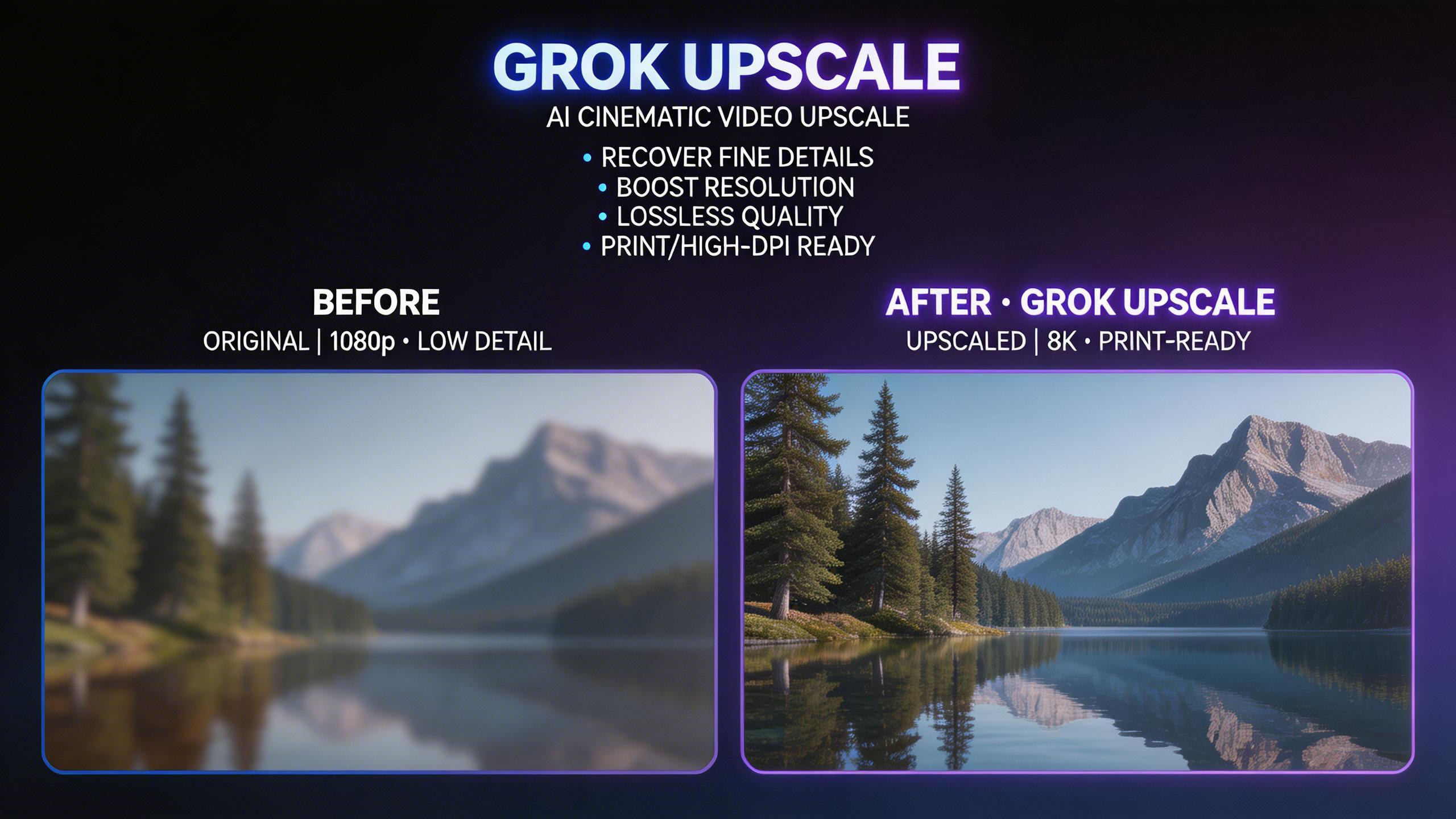 AI Upscale. Enhance image resolution and detail with Grok Upscale. Sharpen textures, recover fine details, and increase resolution for print-ready or high-DPI display output...