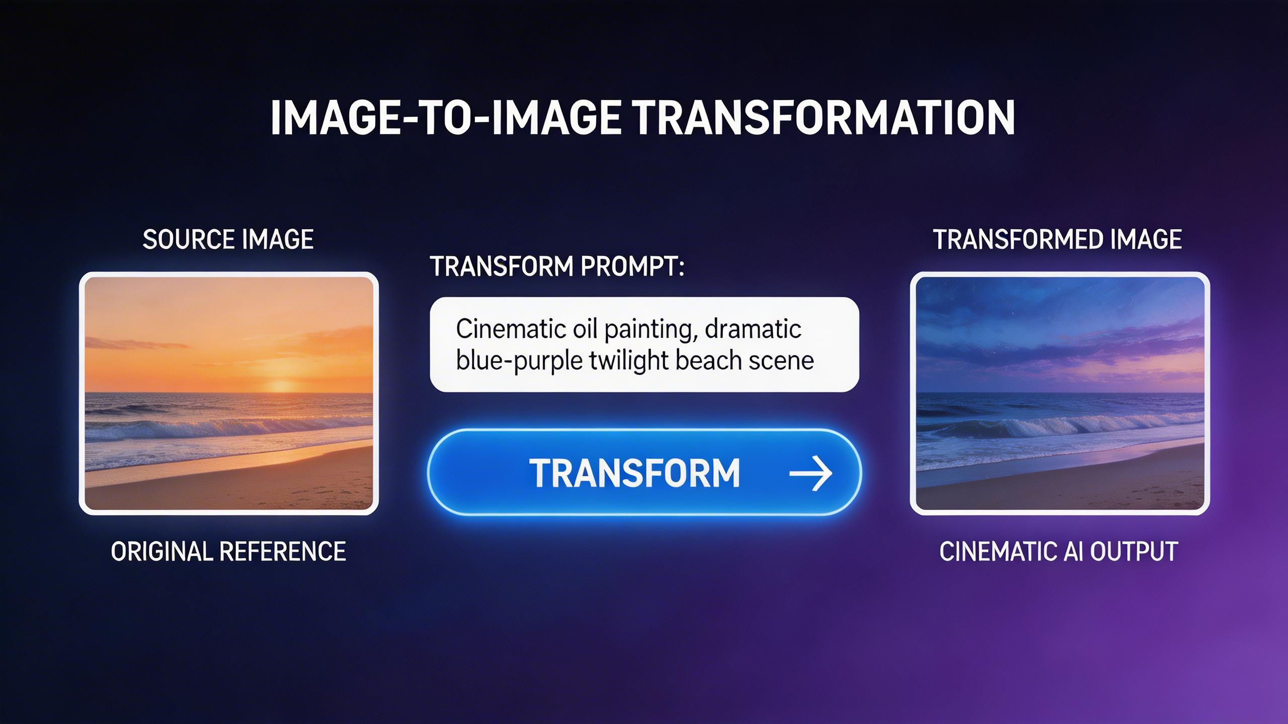 Image-to-Image Transformation. Upload a reference image and guide the transformation with text. Restyle photos, apply artistic filters, modify compositions, or create...