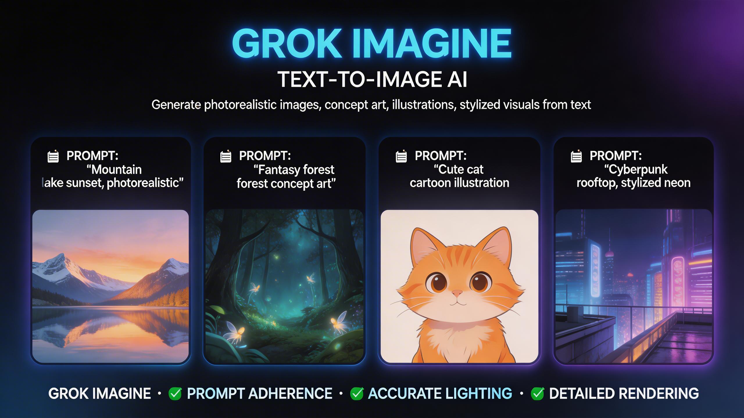 Text-to-Image with Grok Imagine. Generate photorealistic images, concept art, illustrations, and stylized visuals from text descriptions. Grok Imagine excels at prompt...