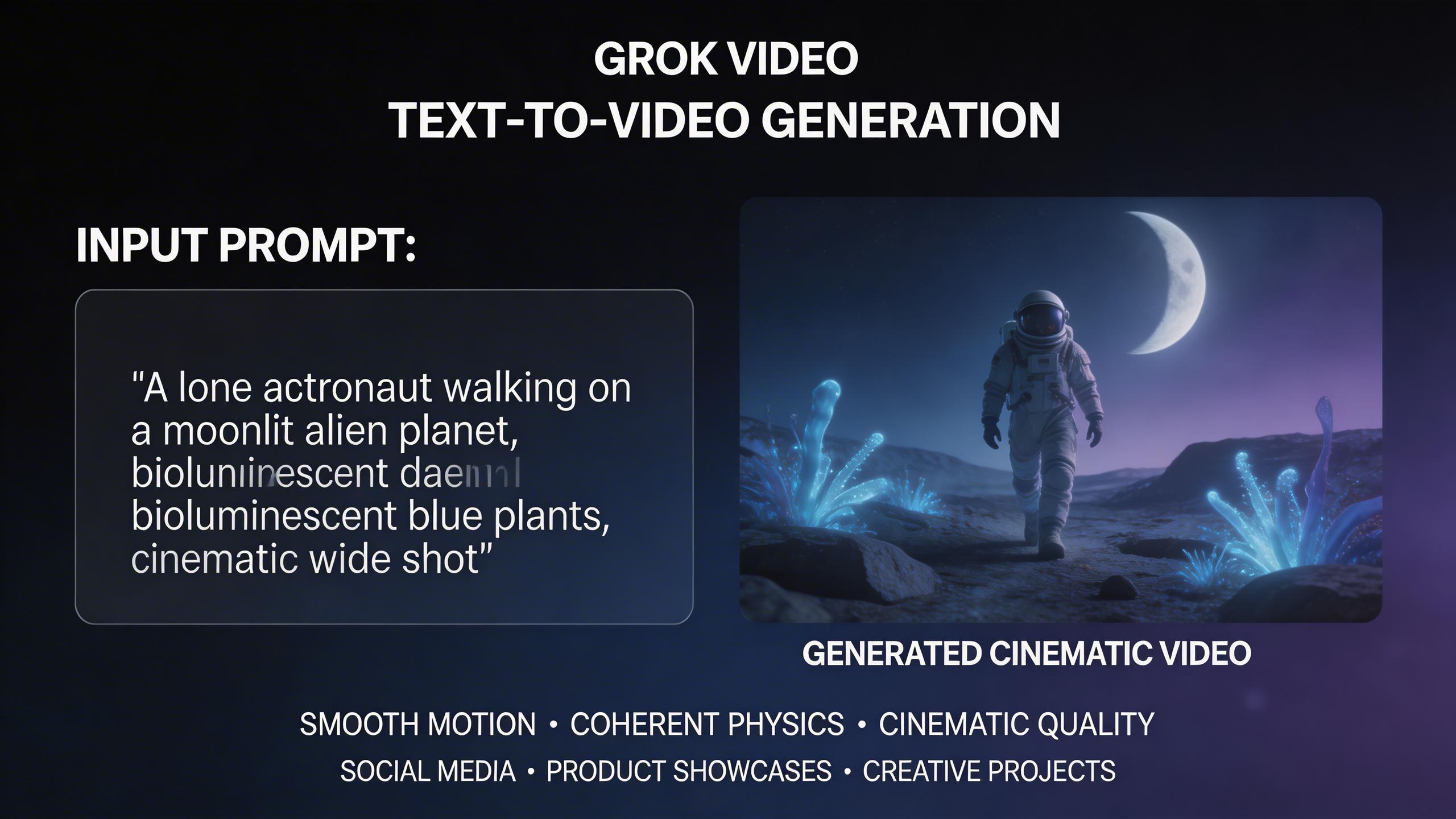 Text-to-Video Generation. Describe a scene and Grok Video brings it to life with smooth motion, coherent physics, and cinematic quality. Create short clips for social media,...