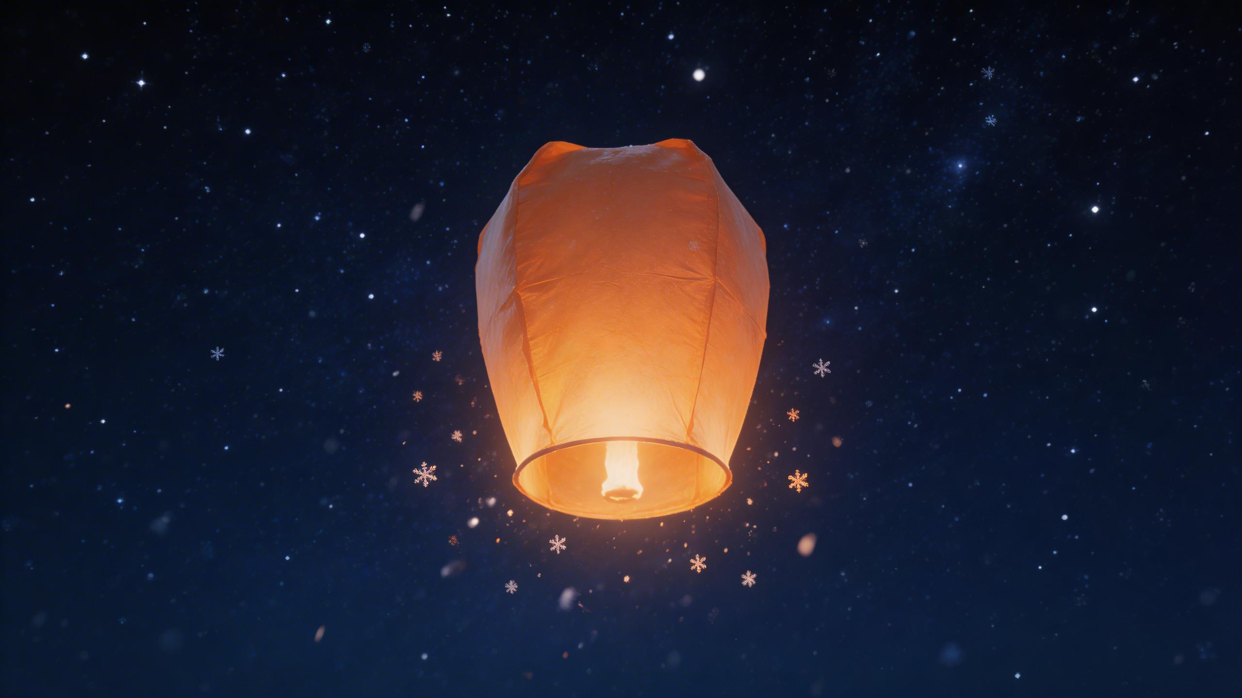 Good: Clear Motion (Video). A paper lantern rising slowly into a starry night sky, warm orange glow illuminating falling snow, camera tilts up tracking the lantern, serene and...