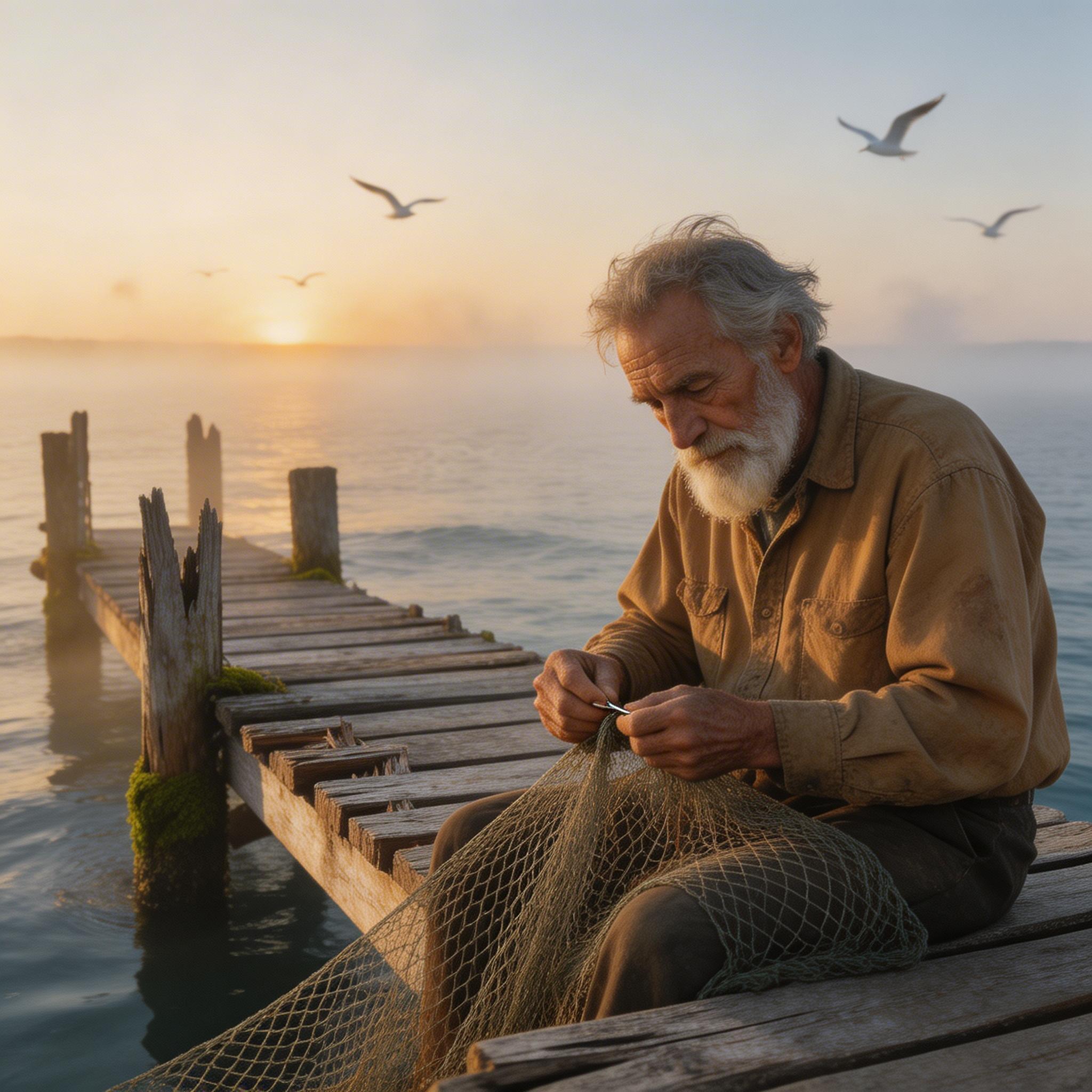 Good: Specific Scene (Image). An elderly fisherman mending nets on a weathered wooden dock at dawn, golden light filtering through morning mist, seagulls in the background,...