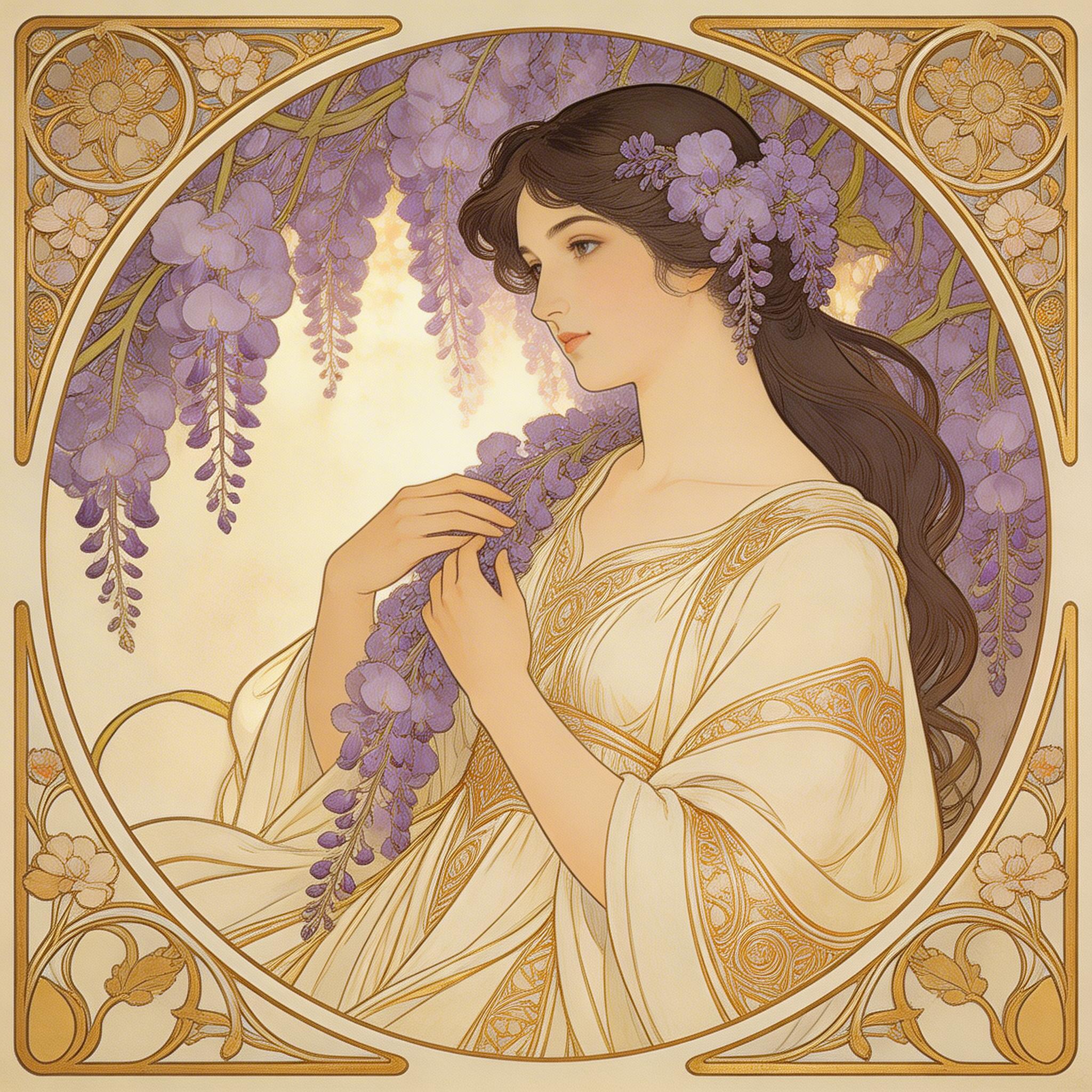 Good: Style + Mood (Image). Art nouveau illustration of a woman surrounded by blooming wisteria, intricate linework, muted purple and gold palette, Alphonse Mucha inspired,...