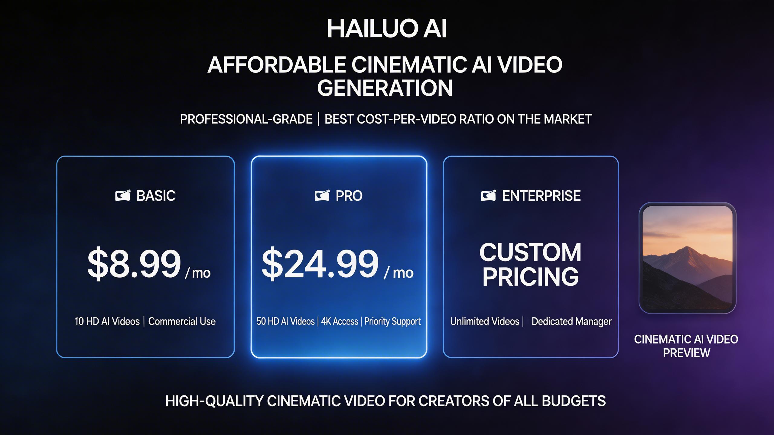 Affordable Pricing. Professional-grade AI video generation at competitive pricing. Hailuo AI offers one of the best cost-per-video ratios in the market, making high-quality...