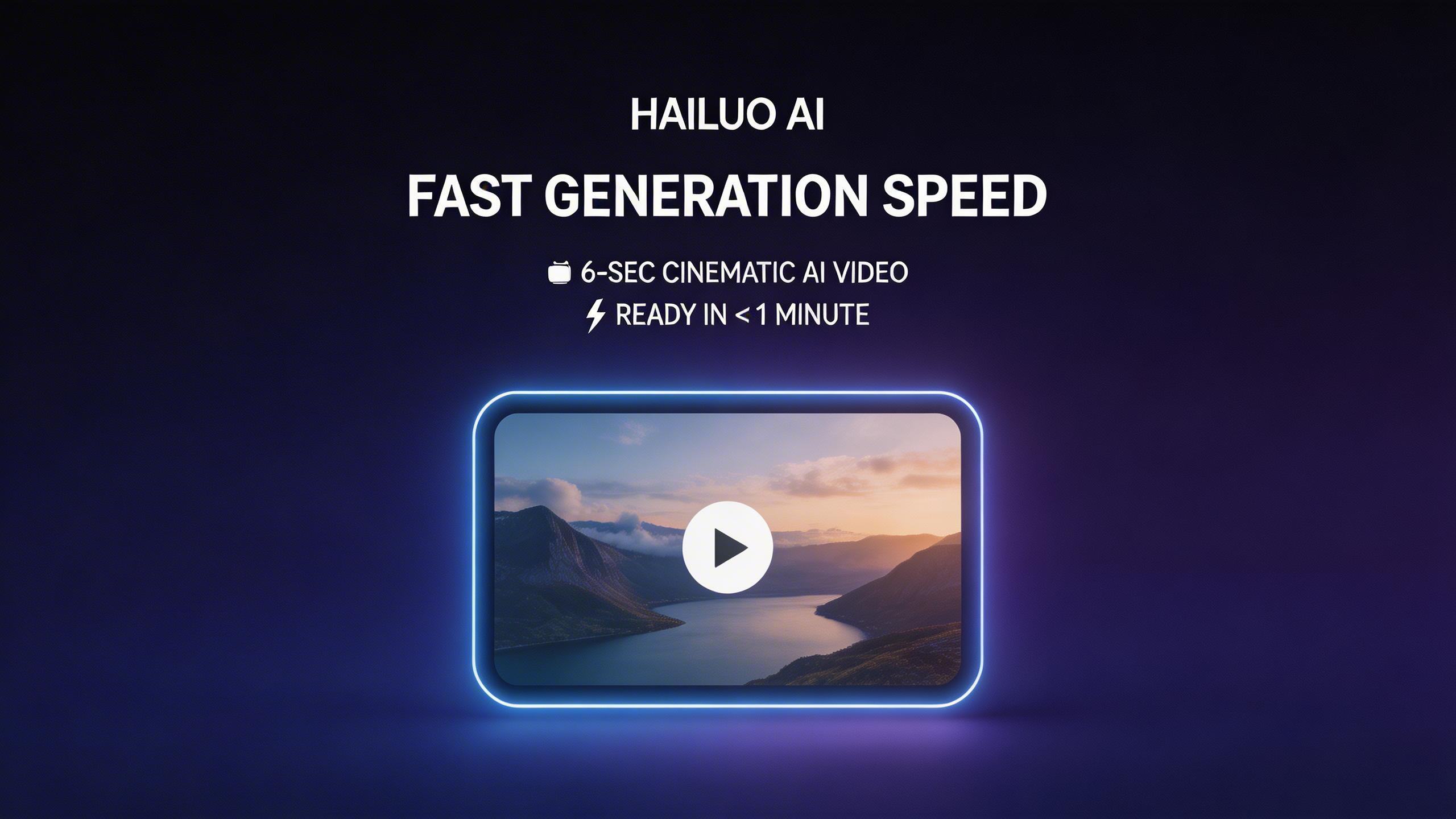 Fast Generation Speed. One of the fastest AI video generators available. Hailuo AI produces 6-second clips in under a minute, letting you iterate on creative ideas quickly...