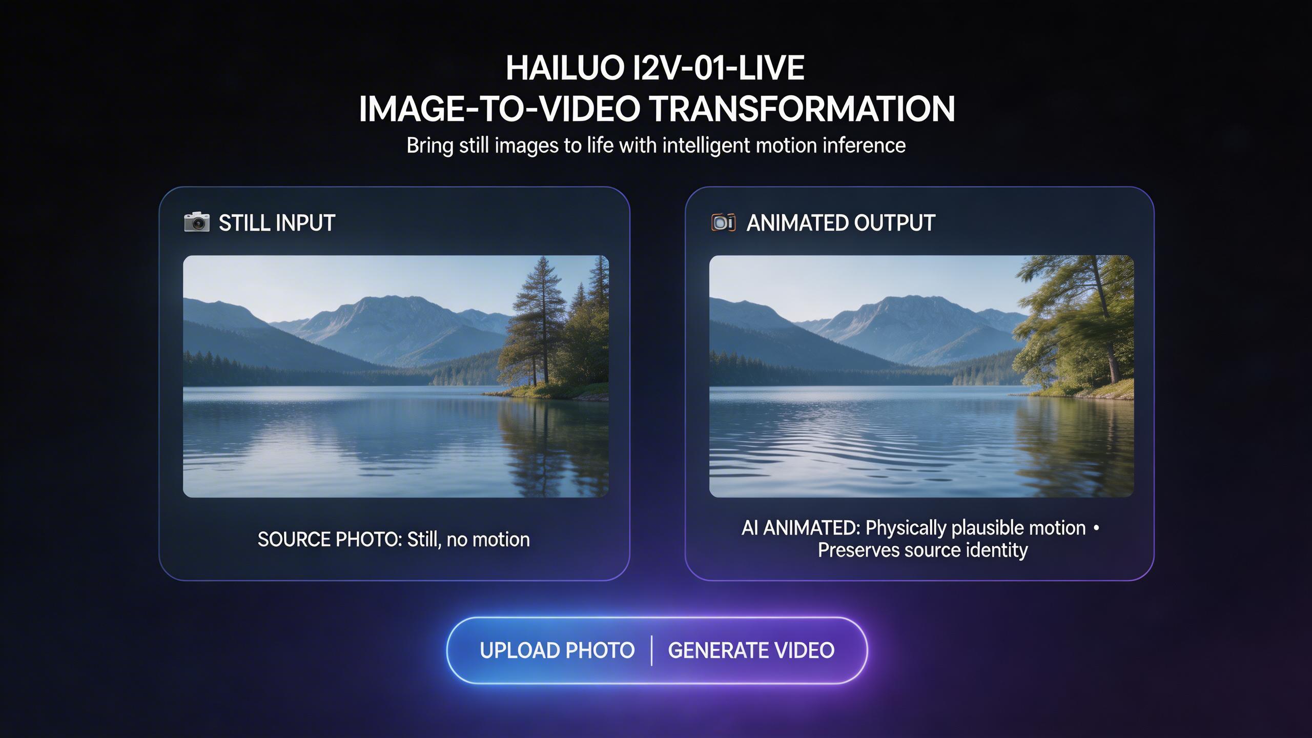 Image-to-Video Transformation. Bring still images to life with intelligent motion inference. Upload a photo and Hailuo I2V-01-Live will animate it with physically plausible...