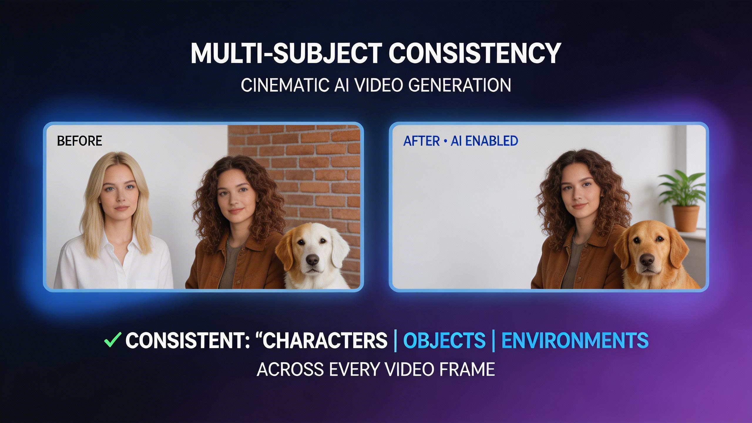 Multi-Subject Consistency. Maintain consistent appearance and identity across multiple subjects in a single scene. Characters, objects, and environments stay coherent...