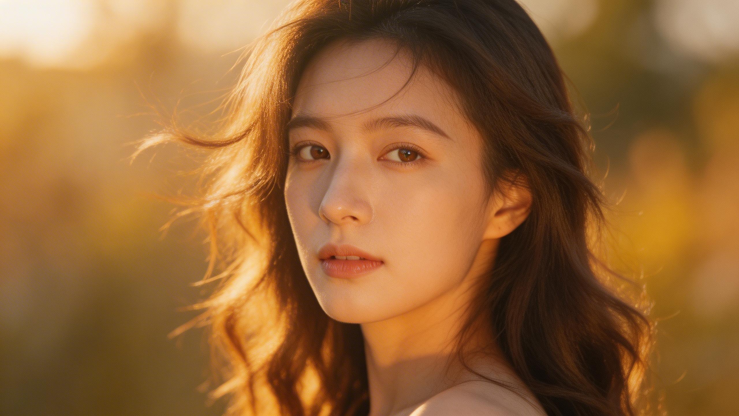Dramatic Portrait. Close-up of a woman turning to face the camera, wind blowing through her hair, golden hour side lighting, shallow depth of field, emotional and...