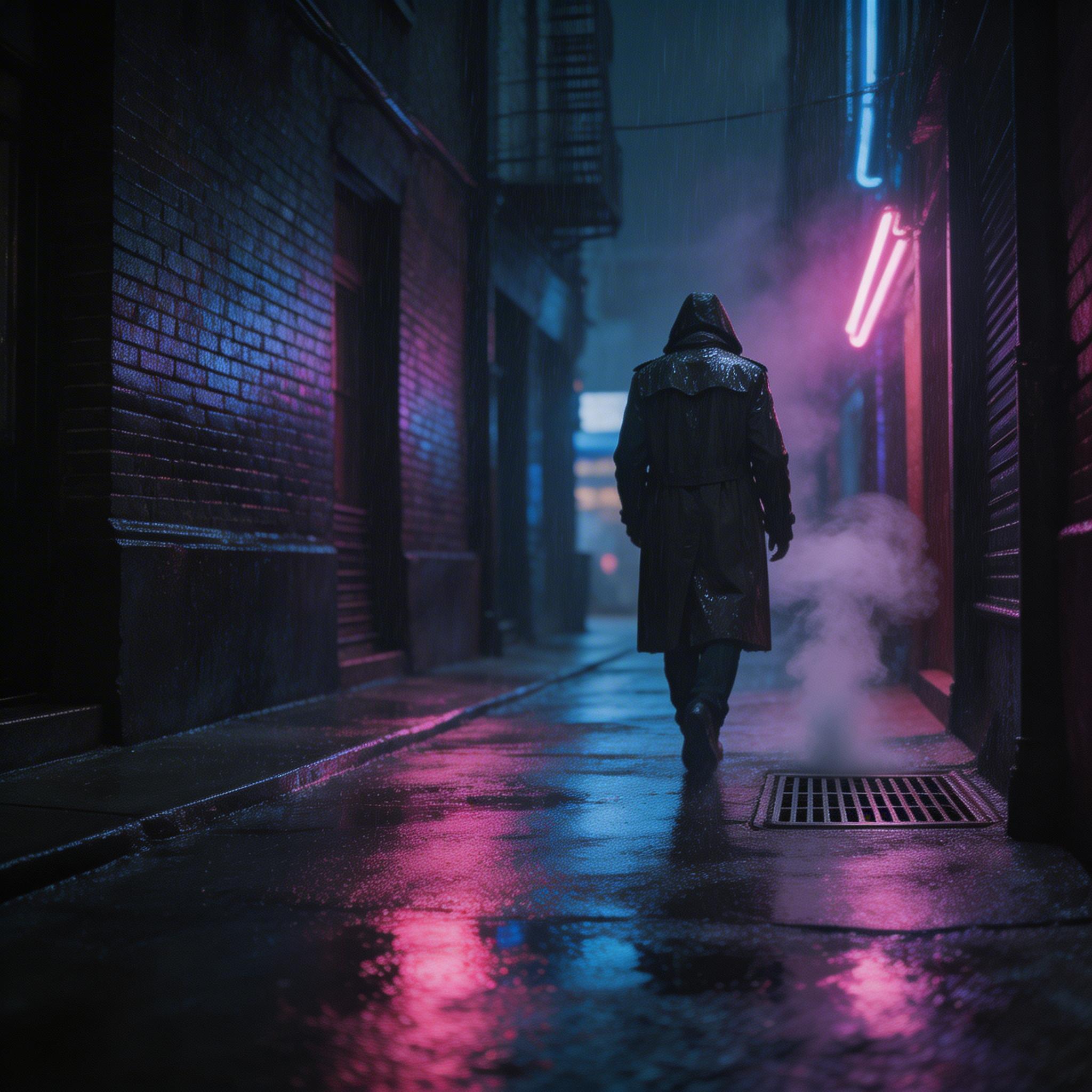 Urban Night Scene. A lone figure walking through a rain-soaked city alley at night, neon signs casting colorful reflections on wet pavement, steam rising from grates,...