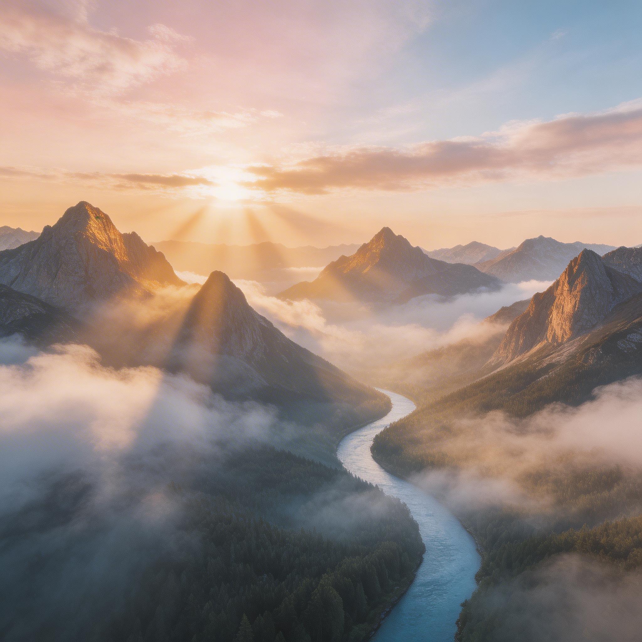 Epic Landscape. Sweeping aerial shot over misty mountain peaks at sunrise, golden light breaking through clouds, a river winding through the valley below, slow dolly forward,...