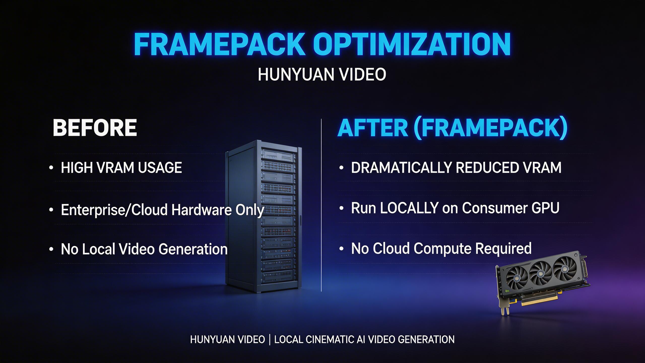 FramePack 优化. 社区开发的 FramePack 技术重构输入帧,大幅降低推理时的显存占用。在消费级 GPU 上本地运行混元视频 — 无需昂贵的云计算或企业级硬件即可生成视频。