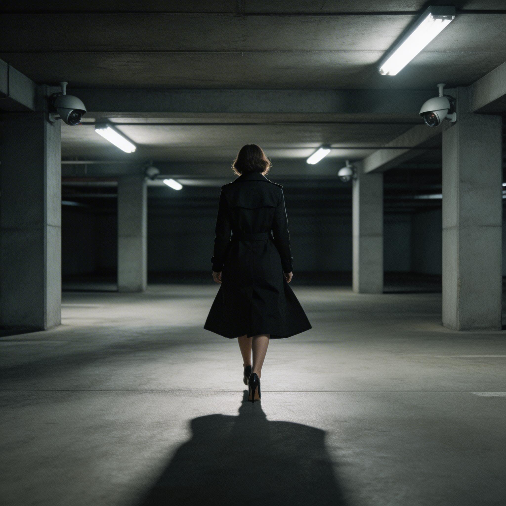 黑色悬疑. 一位穿风衣的女性在夜间昏暗的停车场中行走,高跟鞋回声回荡,安保摄像头跟踪她的移动,刺眼的荧光灯投下鲜明阴影,从身后缓慢推轨跟拍,紧张氛围. 电影