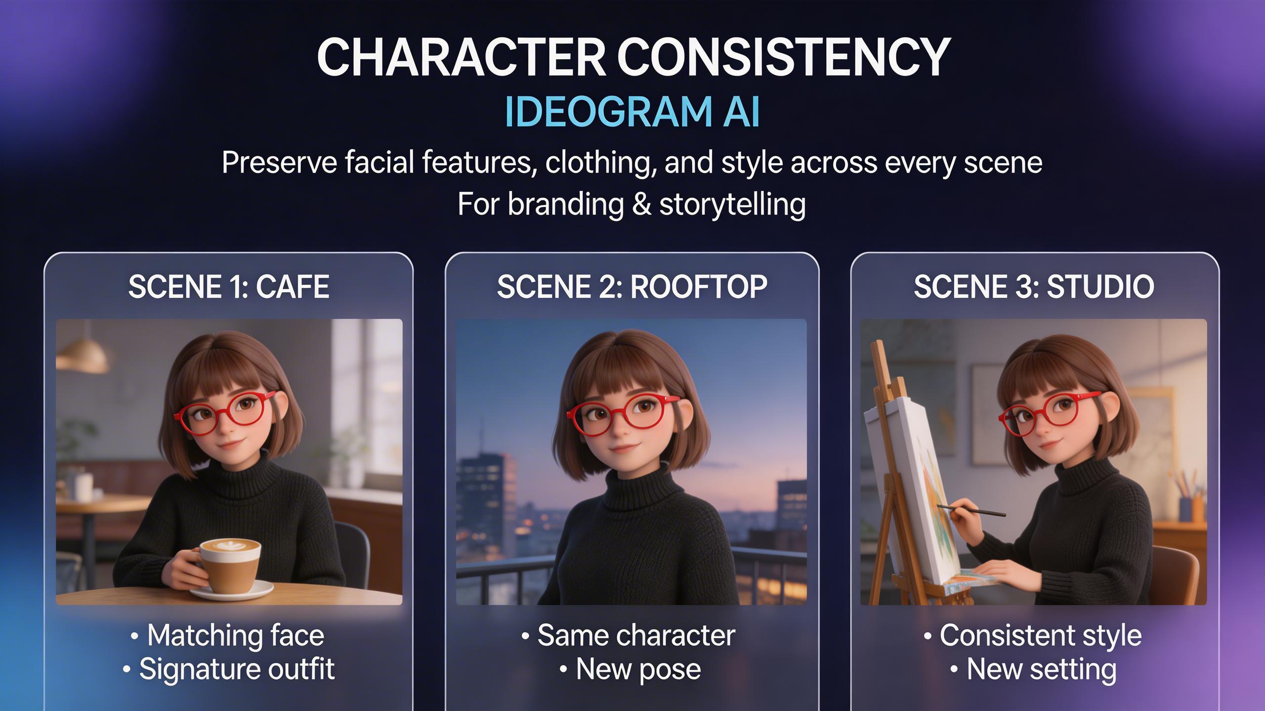 Character Consistency. Maintain consistent character appearance across multiple generations. Ideogram Character mode preserves facial features, clothing, and style across...