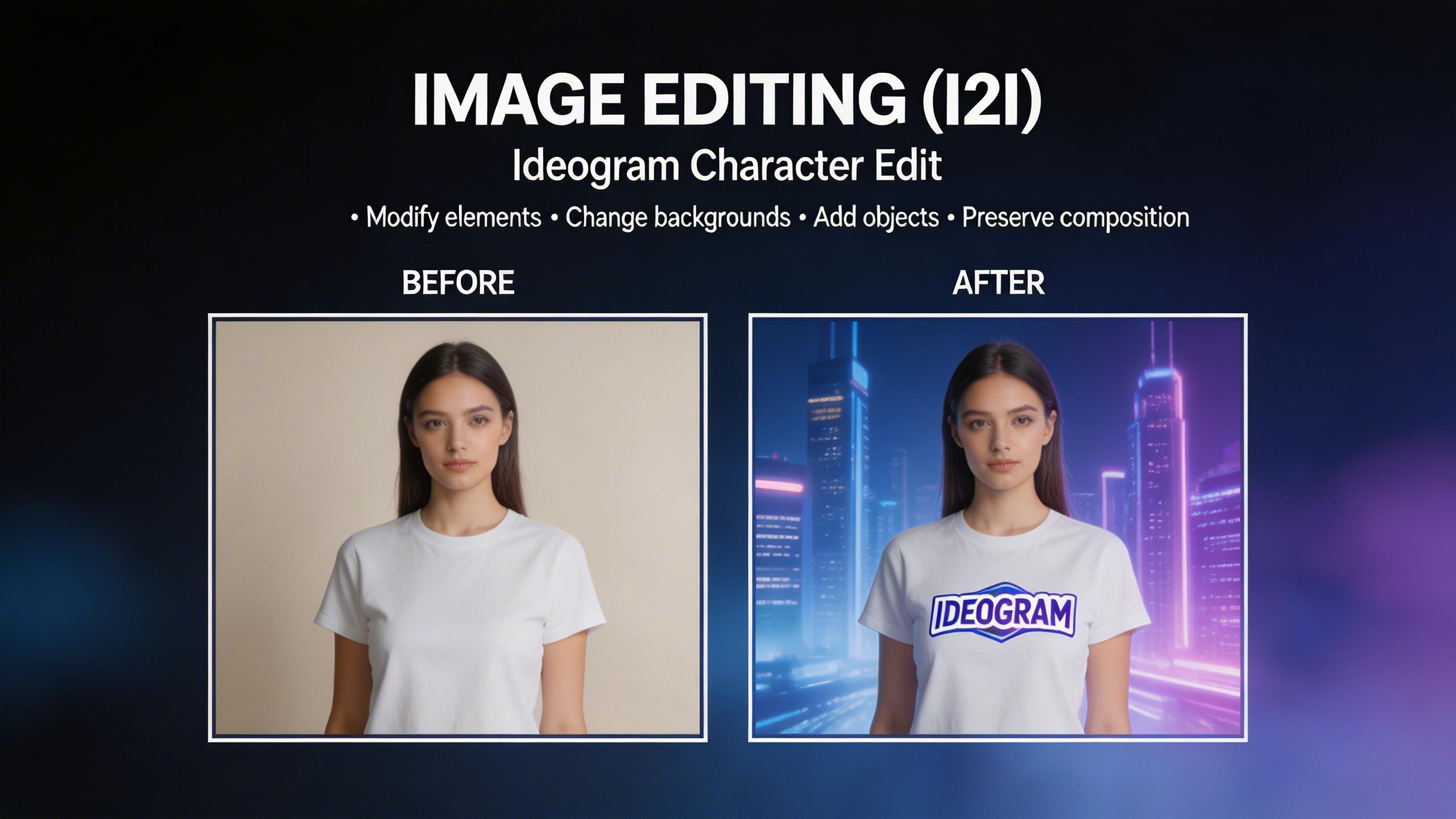 Image Editing (I2I). Edit existing images with text prompts using Ideogram Character Edit. Modify specific elements, change backgrounds, adjust colors, or add new objects...