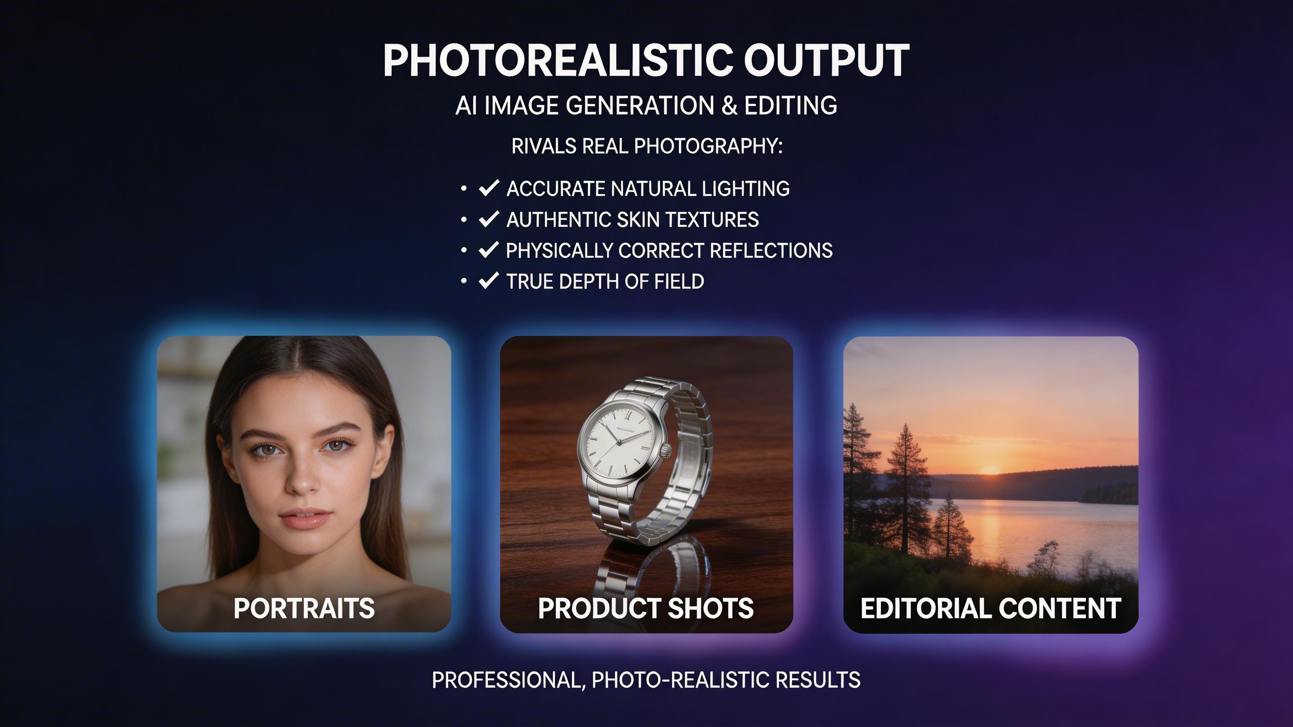 Photorealistic Output. Generate images that rival real photography — accurate lighting, natural skin textures, physically correct reflections, and authentic depth of field....