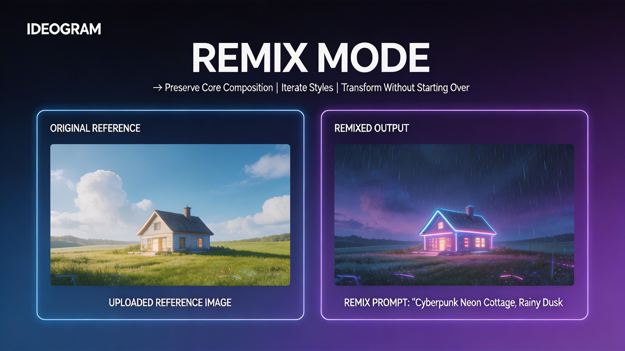 Remix Mode. Upload a reference image and transform it with a new prompt while preserving the core composition. Ideogram Remix lets you iterate on designs, change styles, and...
