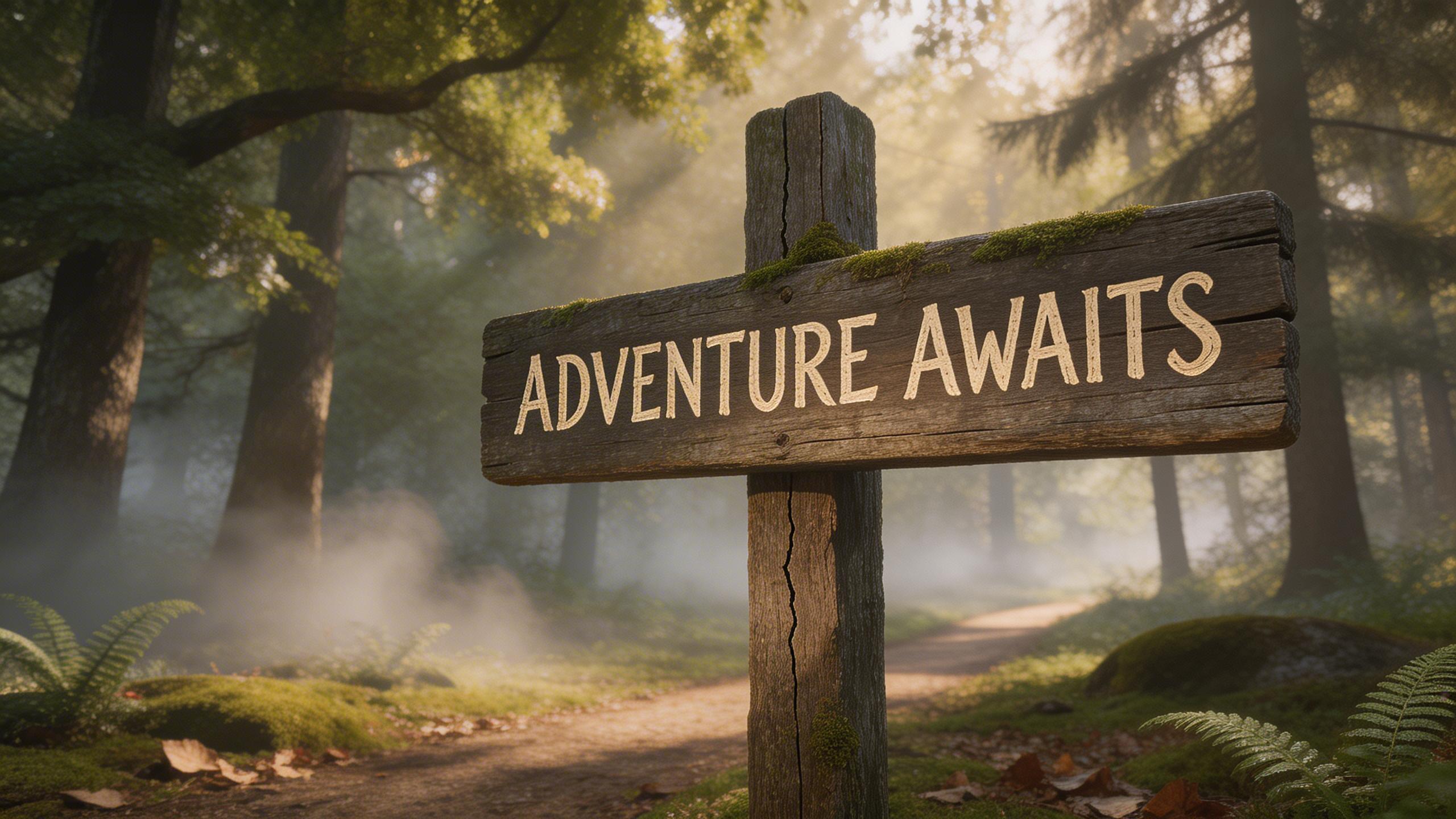 Good: Context + Atmosphere. A weathered wooden signpost at a forest crossroads reading "ADVENTURE AWAITS" in hand-carved letters, morning fog, dappled sunlight through canopy,...