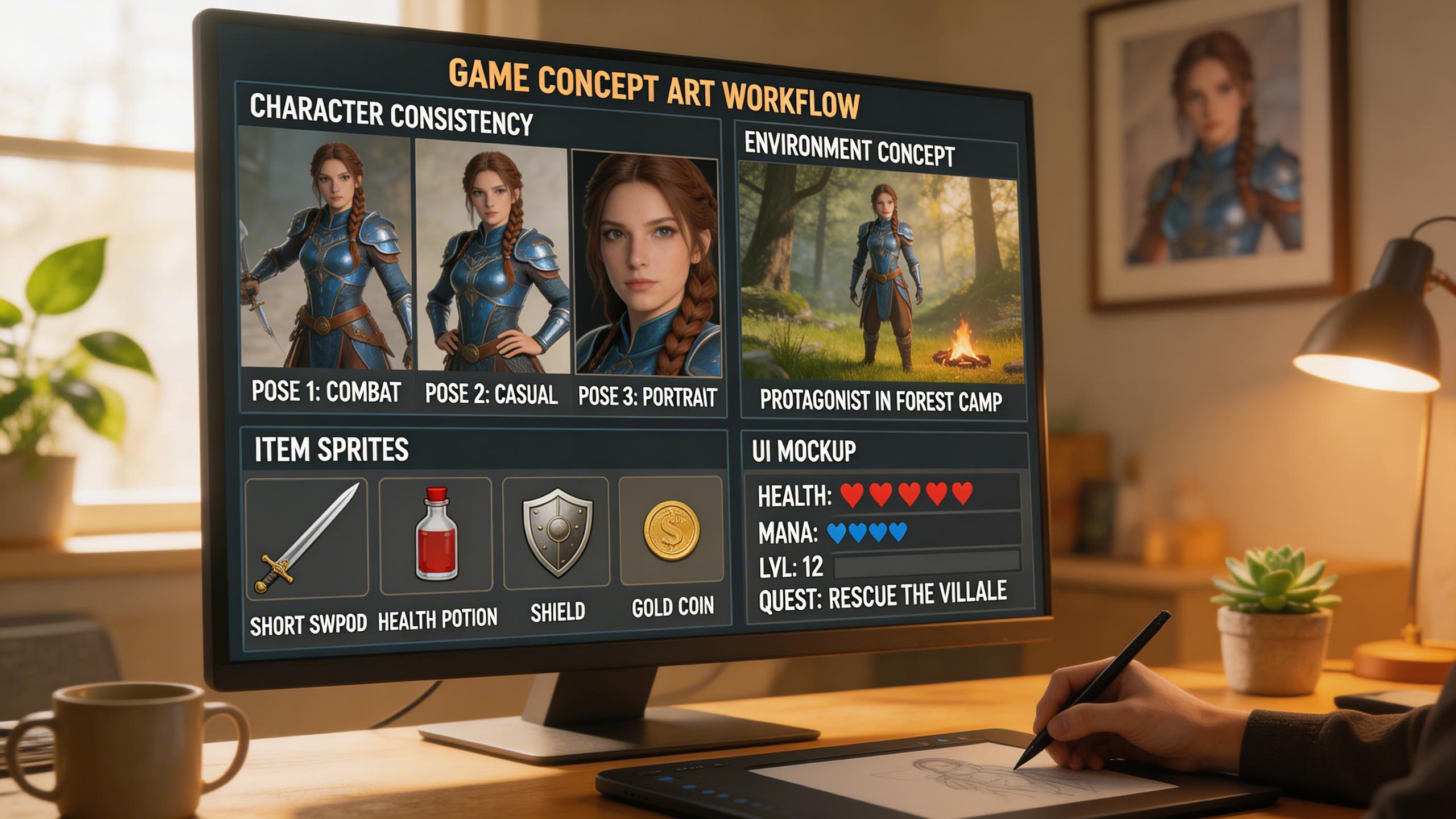 Game & Concept Art. Create character designs, environment concepts, item sprites, and UI mockups for games. Character consistency keeps your protagonist recognizable across...
