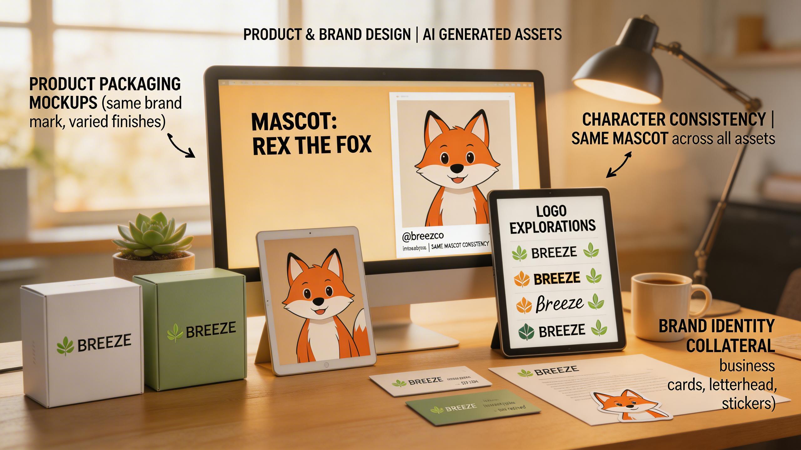 Product & Brand Design. Generate product mockups, packaging concepts, logo explorations, and brand identity visuals. Character consistency ensures your brand mascot or...