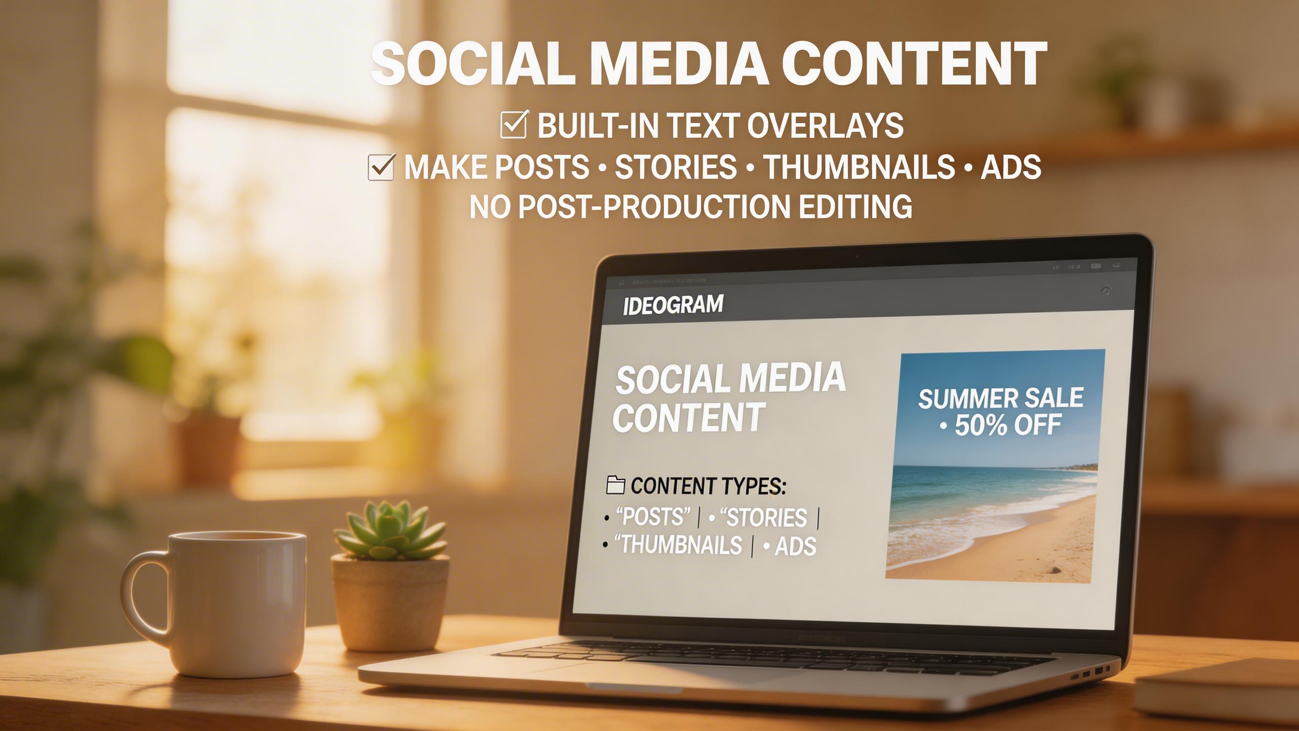Social Media Content. Produce eye-catching posts, stories, thumbnails, and ads with integrated text overlays. No need for post-production text editing — Ideogram generates the...