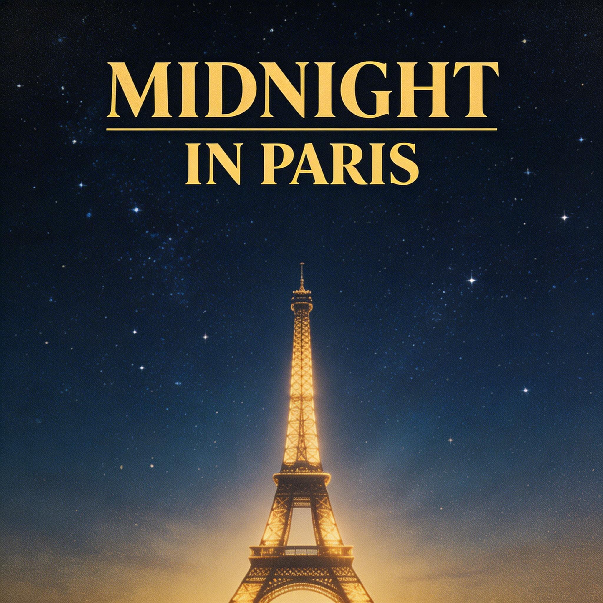 Good: Quoted Text + Style. A vintage movie poster with bold serif text "MIDNIGHT IN PARIS" at the top, Eiffel Tower silhouette against a starry sky, warm golden and deep blue...