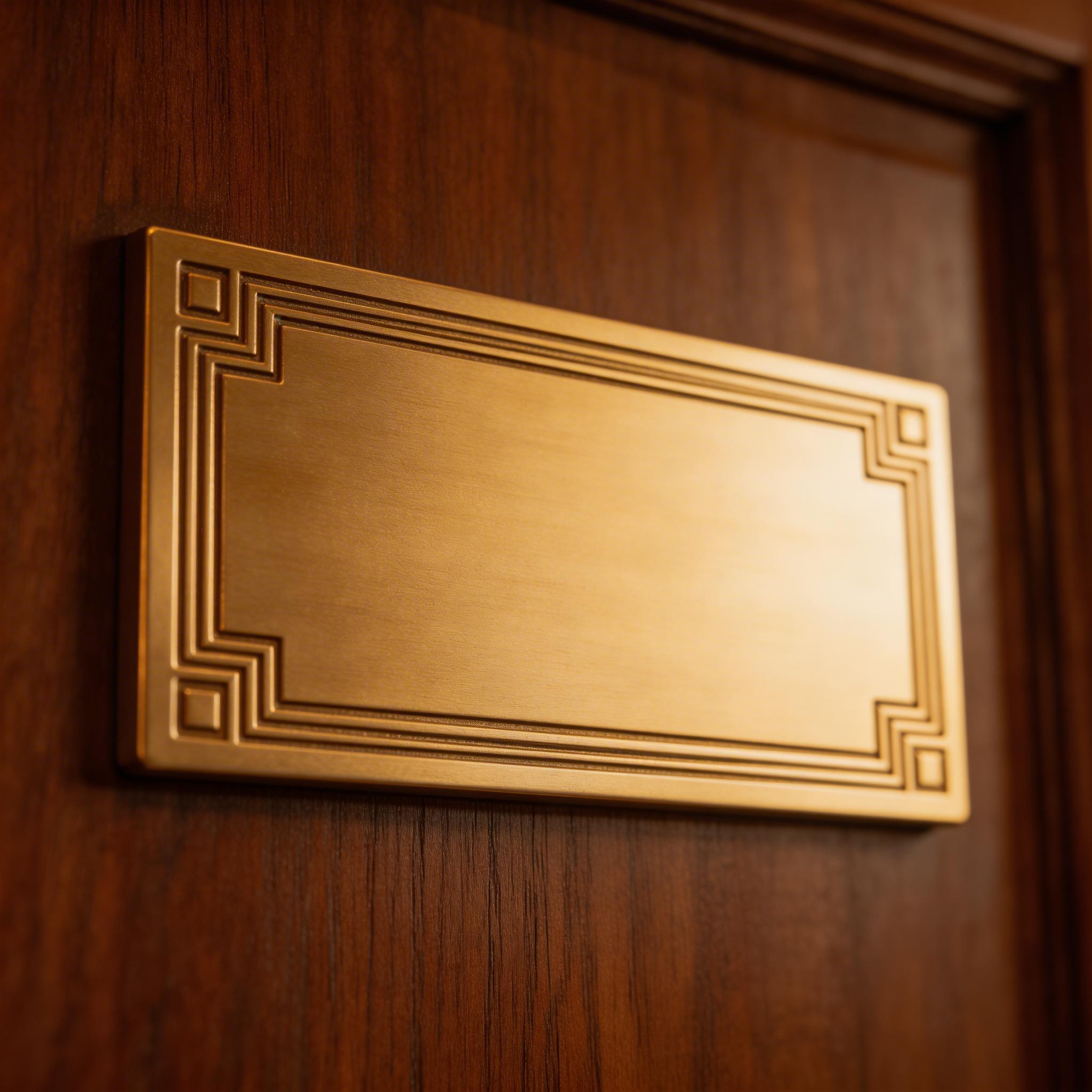 Good: Material + Lighting. A close-up of a brass door plaque reading "DETECTIVE AGENCY" in engraved Art Deco letters, warm indoor lighting casting soft shadows, photorealistic...
