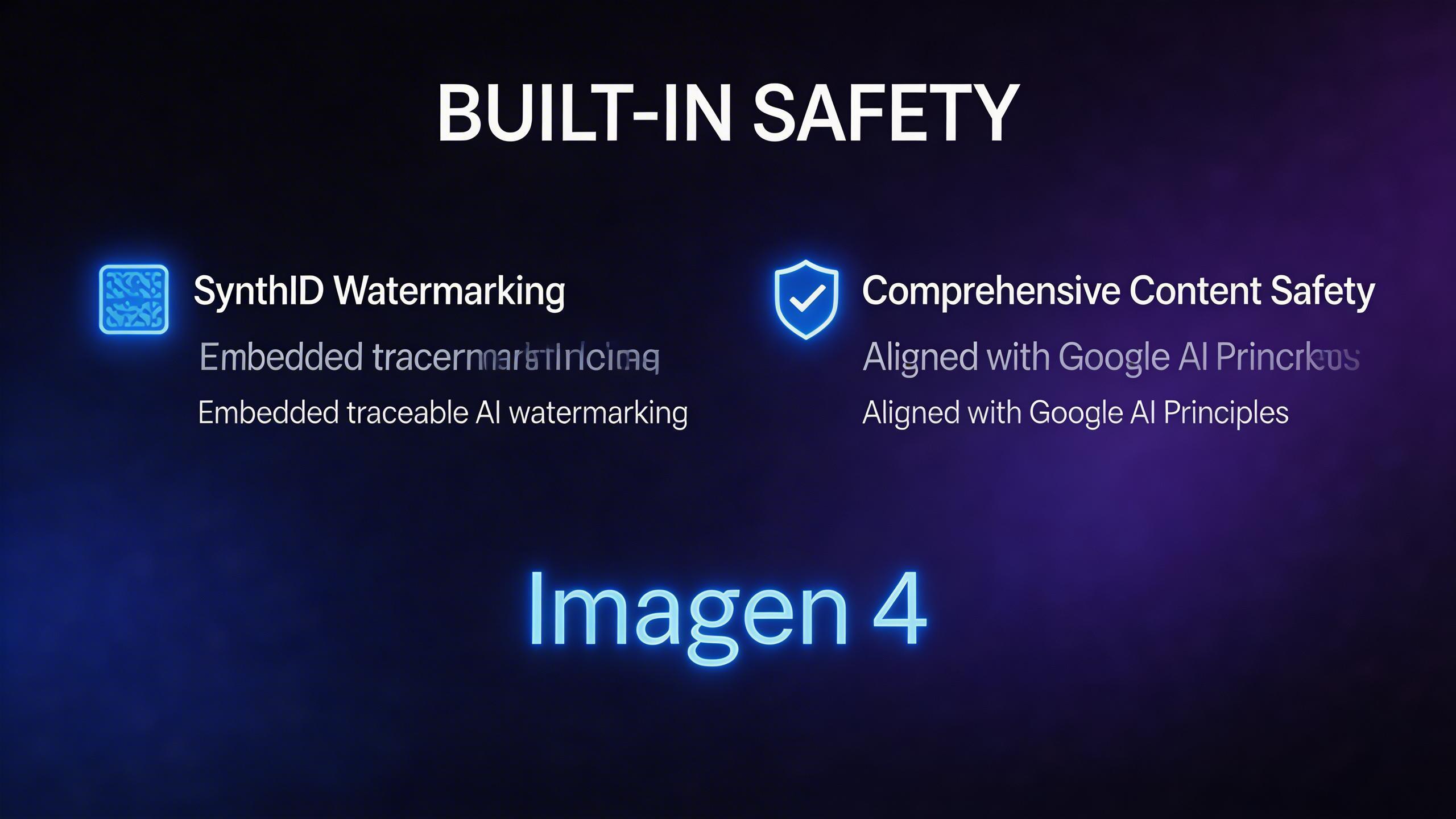 Built-In Safety. Imagen 4 includes SynthID watermarking and comprehensive content safety filters, ensuring responsible AI image generation aligned with Google AI Principles.
