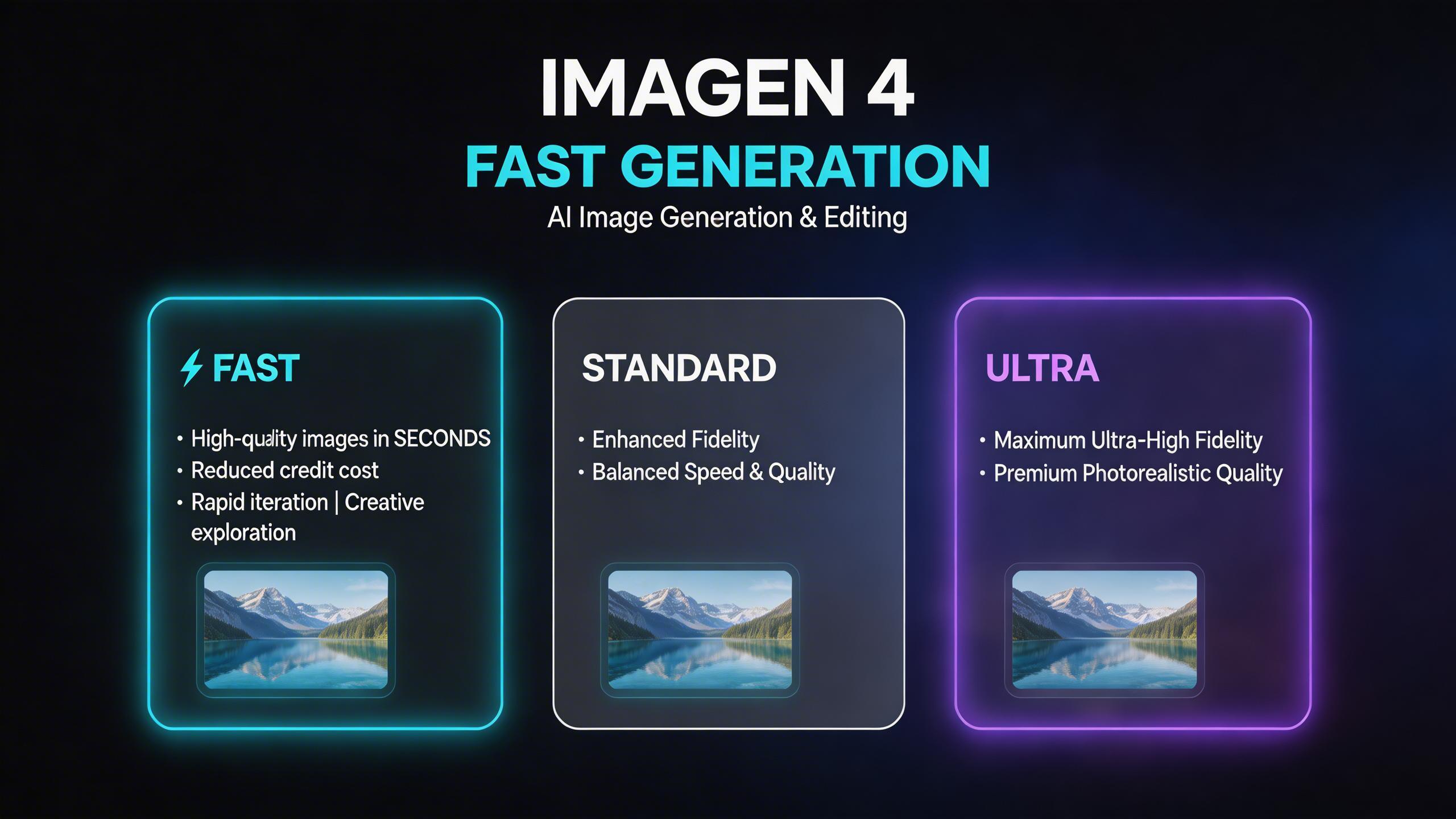 Fast Generation. The Imagen 4 Fast tier delivers high-quality images in seconds at reduced credit cost, perfect for rapid iteration and creative exploration. Standard and...