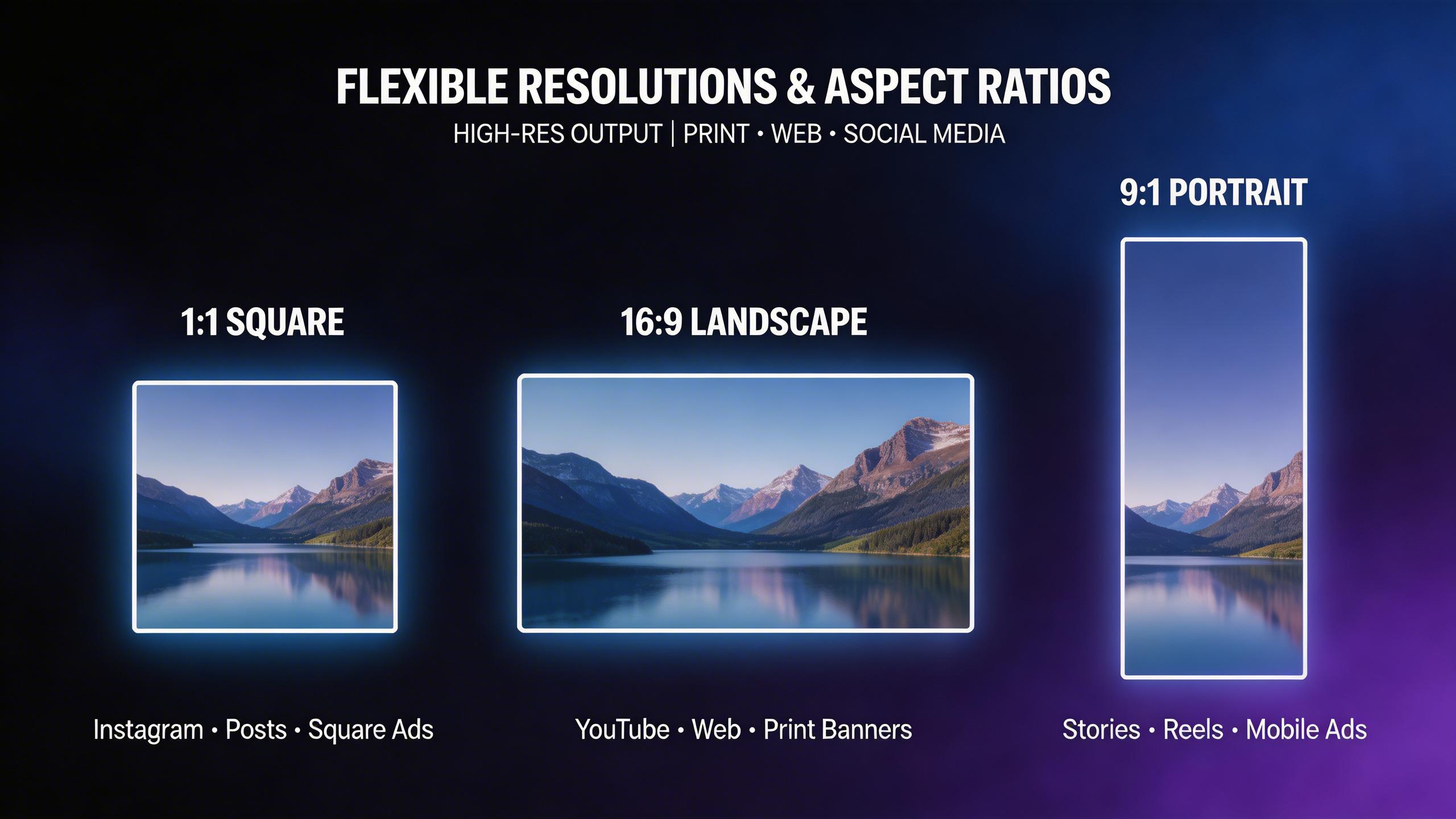 Flexible Resolutions & Aspect Ratios. Generate images in multiple aspect ratios — 1:1 square, 16:9 landscape, 9:16 portrait, and more — with high resolution output suitable...
