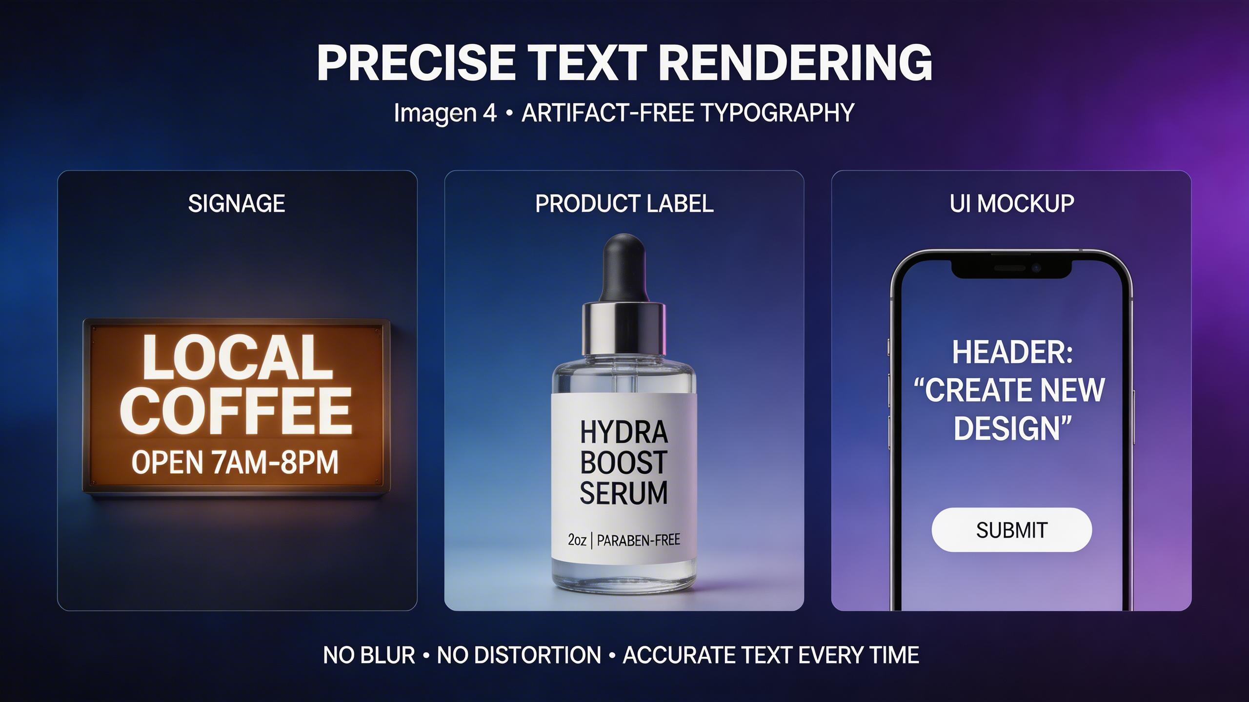 Precise Text Rendering. Generate images with accurate, legible text — from signage and posters to product labels and UI mockups. Imagen 4 handles typography with significantly...