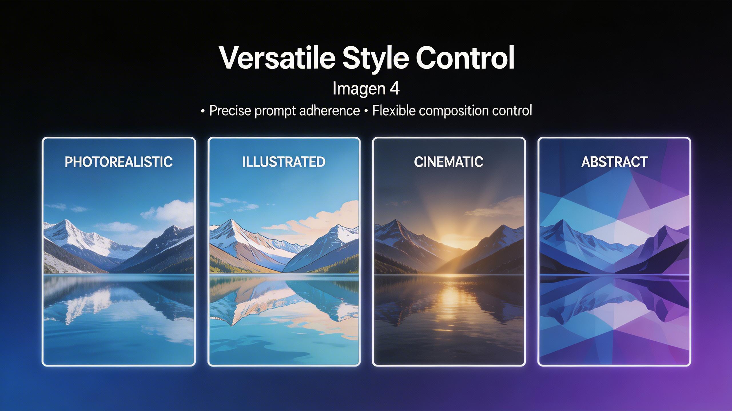 Versatile Style Control. From photorealistic to illustrated, cinematic to abstract — Imagen 4 adapts its output style to match your creative direction with precise prompt...