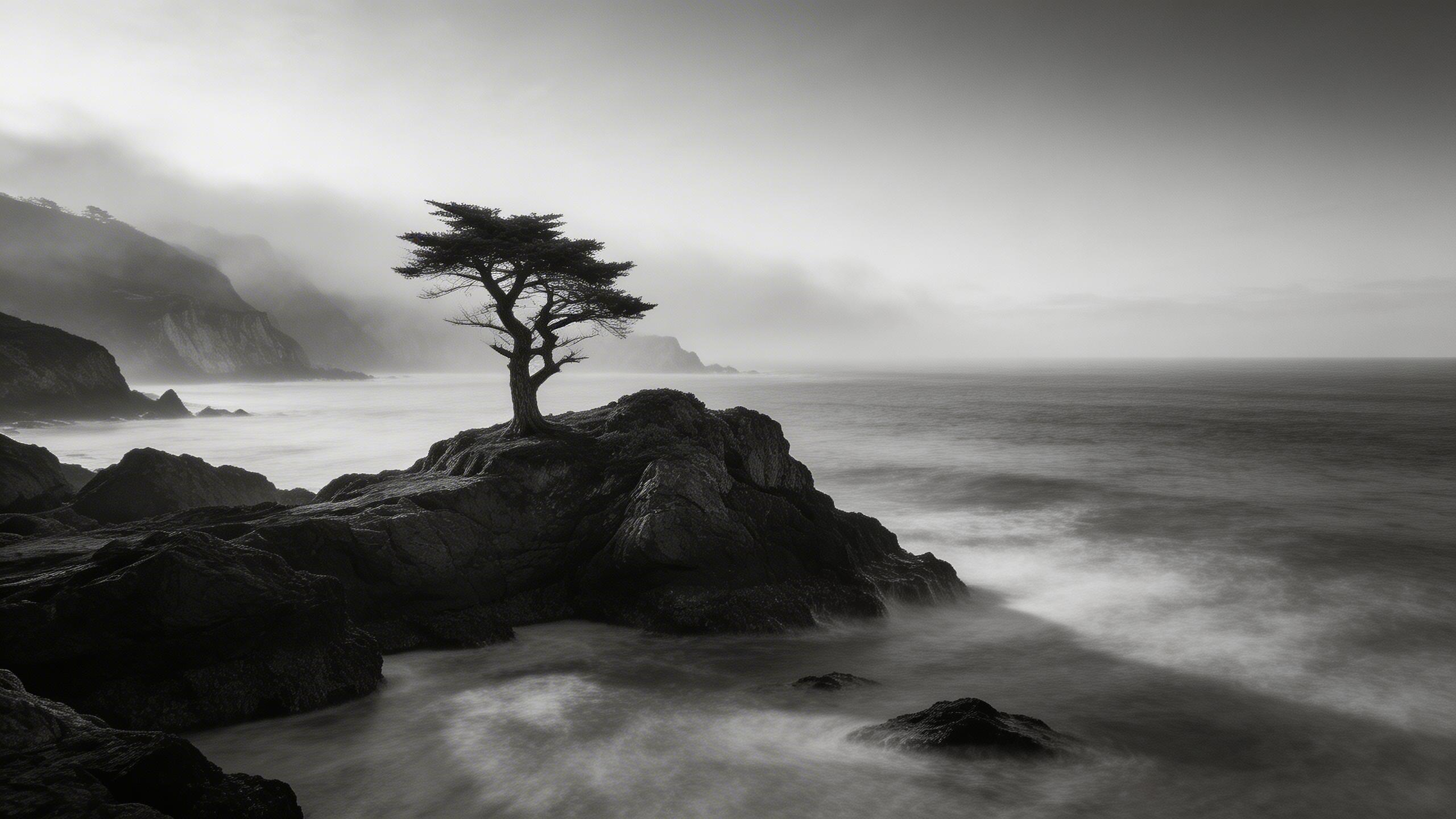 Good: Style Reference. A lone cypress tree on a misty California coastline at dawn, long exposure ocean blur, Ansel Adams-inspired black and white with deep contrast and zone...