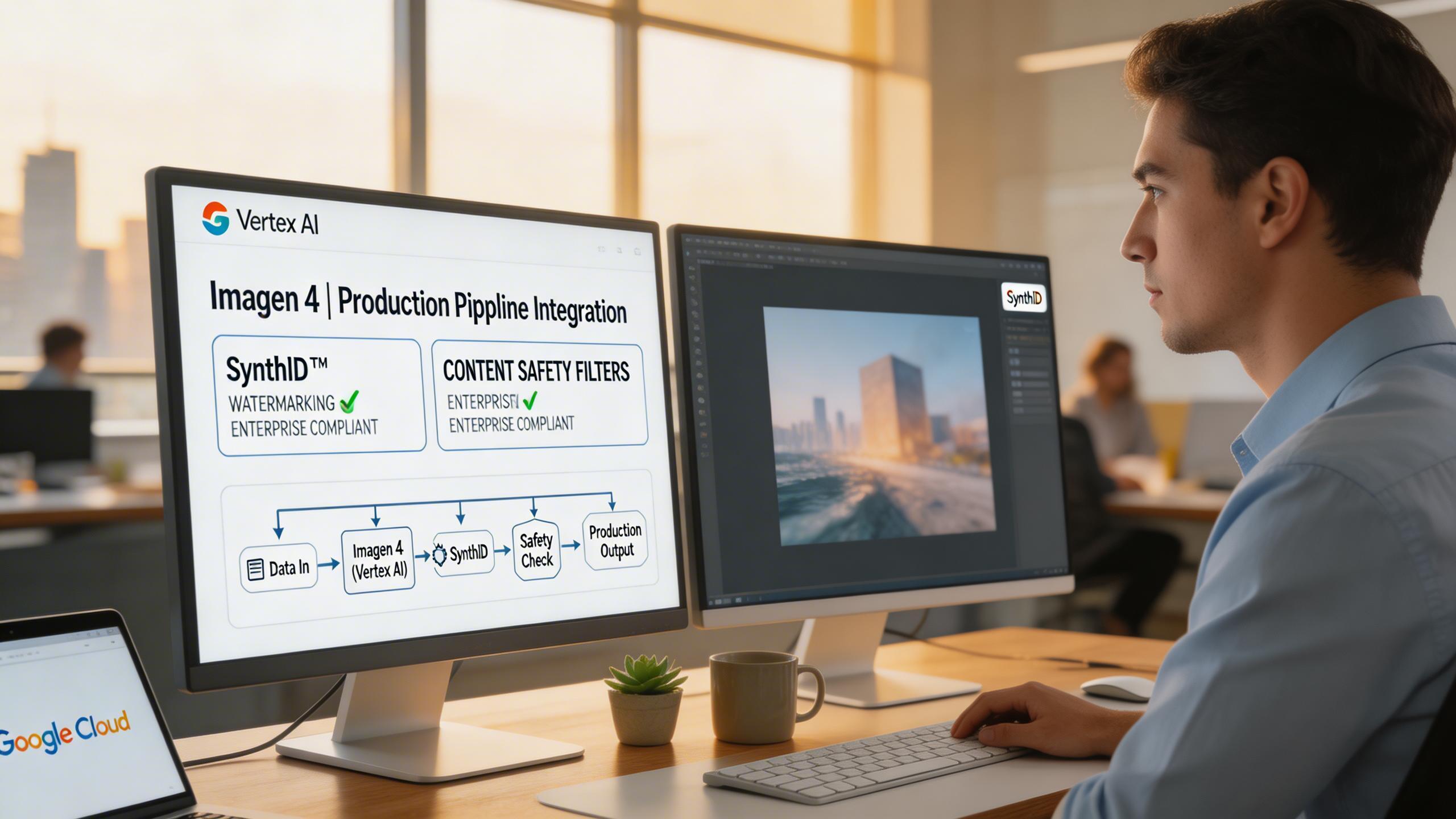 Enterprise & Workflow. Integrate Imagen 4 into production pipelines via Vertex AI and Google Cloud. SynthID watermarking and content safety filters meet enterprise compliance...